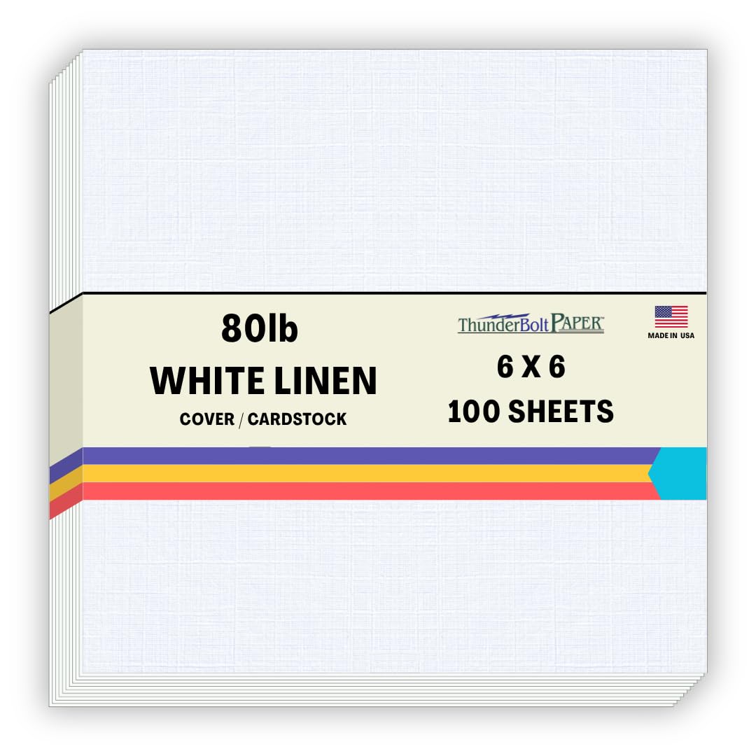 100 Bright White Linen 80# Cover Paper Sheets - 6X6 Inches Square Scrapbook Album Size - 80 lb/pound Card Weight - Fine Linen Textured Finish -