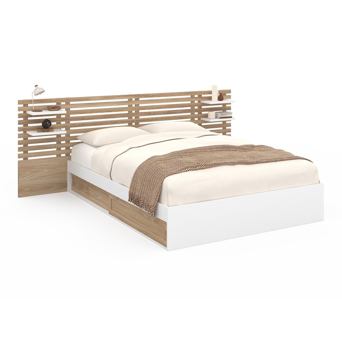 IDMarket - Lit Double Savana avec tête de lit, chevets, rangements et sommier 140 x 190 cm hêtre et Blanc