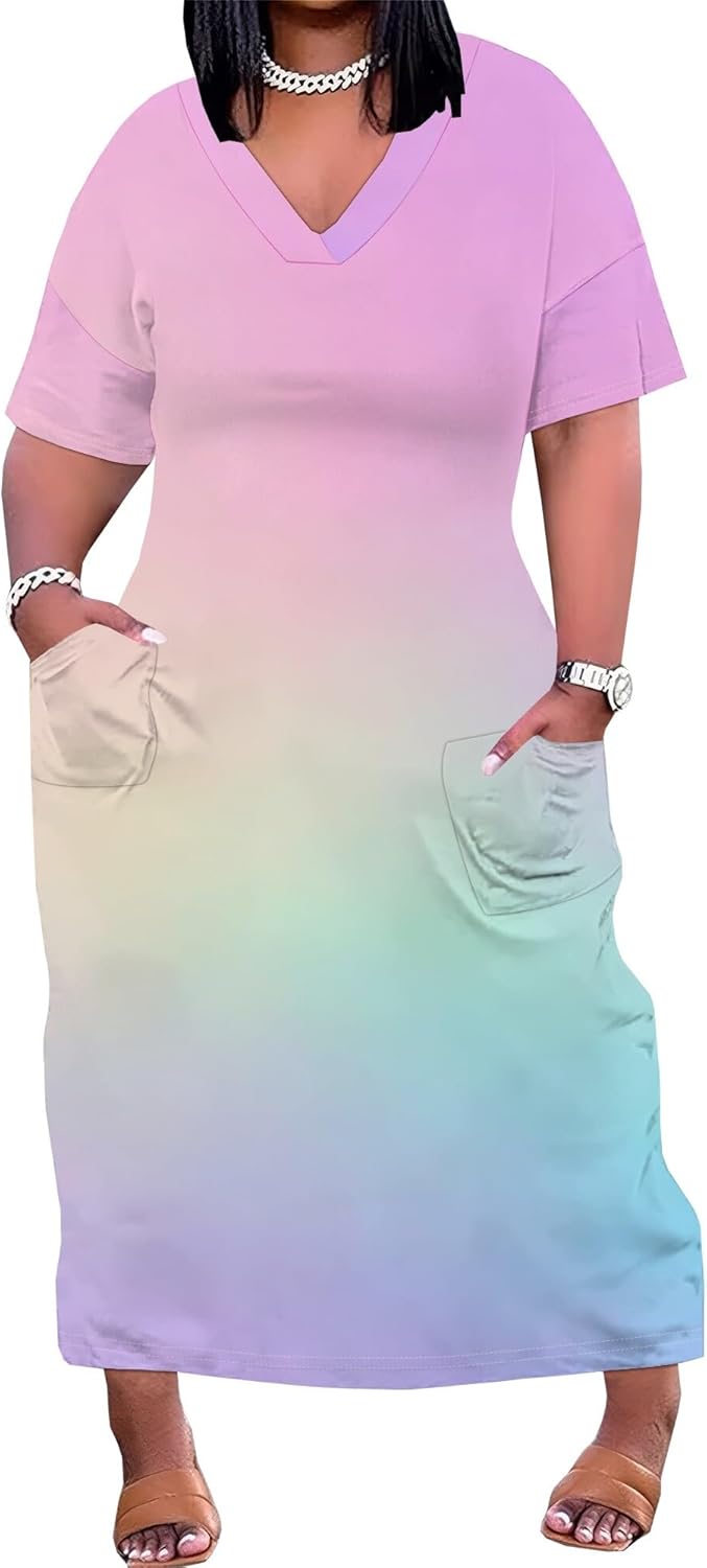 Women Casual T-Shirt Dress V Neck Short Sleeve Solid Color Oversize Dress with Front Two Pockets