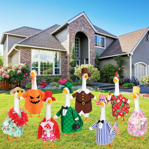 Silicherry 8 Set Seasonal Holiday Goose Outfits Easter Summer 4th of July All Seasons Lawn Porch Goose Clothes Costume for 23\" Cement Statue Garden Patio Outdoor Decoration(Boy Style) - Thumbnail 4