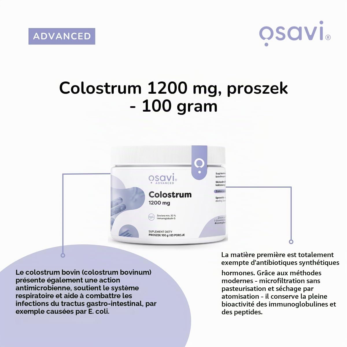 Osavi Colostrum 1200 mg - 100 g de poudre | Colostrum bovin riche en immunoglobulines G pour le soutien du système immunitaire | Renforce les défenses naturelles et améliore l'immunité