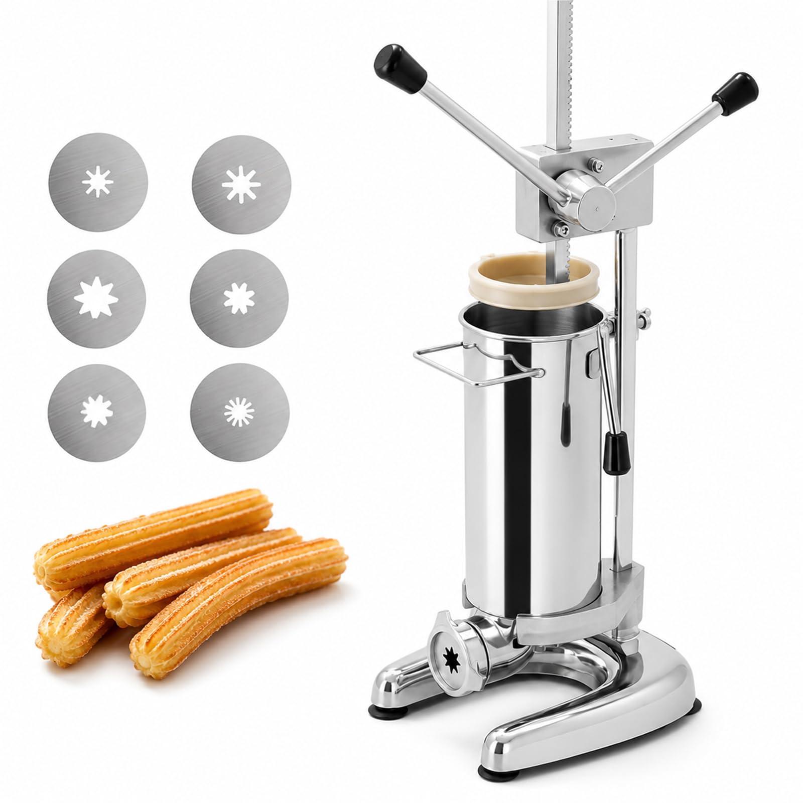Machine à Churros, Presse Manuelle 3L en Acier Inoxydable avec 5 Moules pour Food Truck, Café, Snack, Restaurant, Traiteur et Marché Usage Professionnel 2L