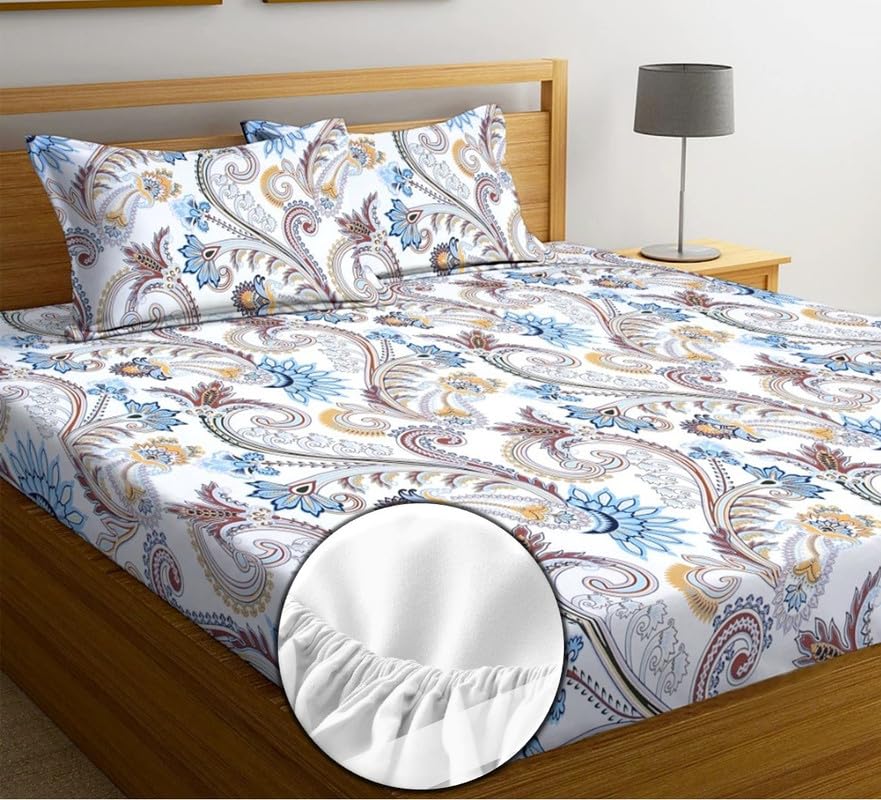 NEW LEAF Premium Cotton 210tc Elastic Fitted Bedsheets with 2 Pillow Covers | Double/King Bed with All Around Elastic Wrinklefree Supersoft Breathable |Size-78 x72+8 inches |Traditional White & Blue (B0D3CWT156) Amazon Price History, Amazon Price Tracker