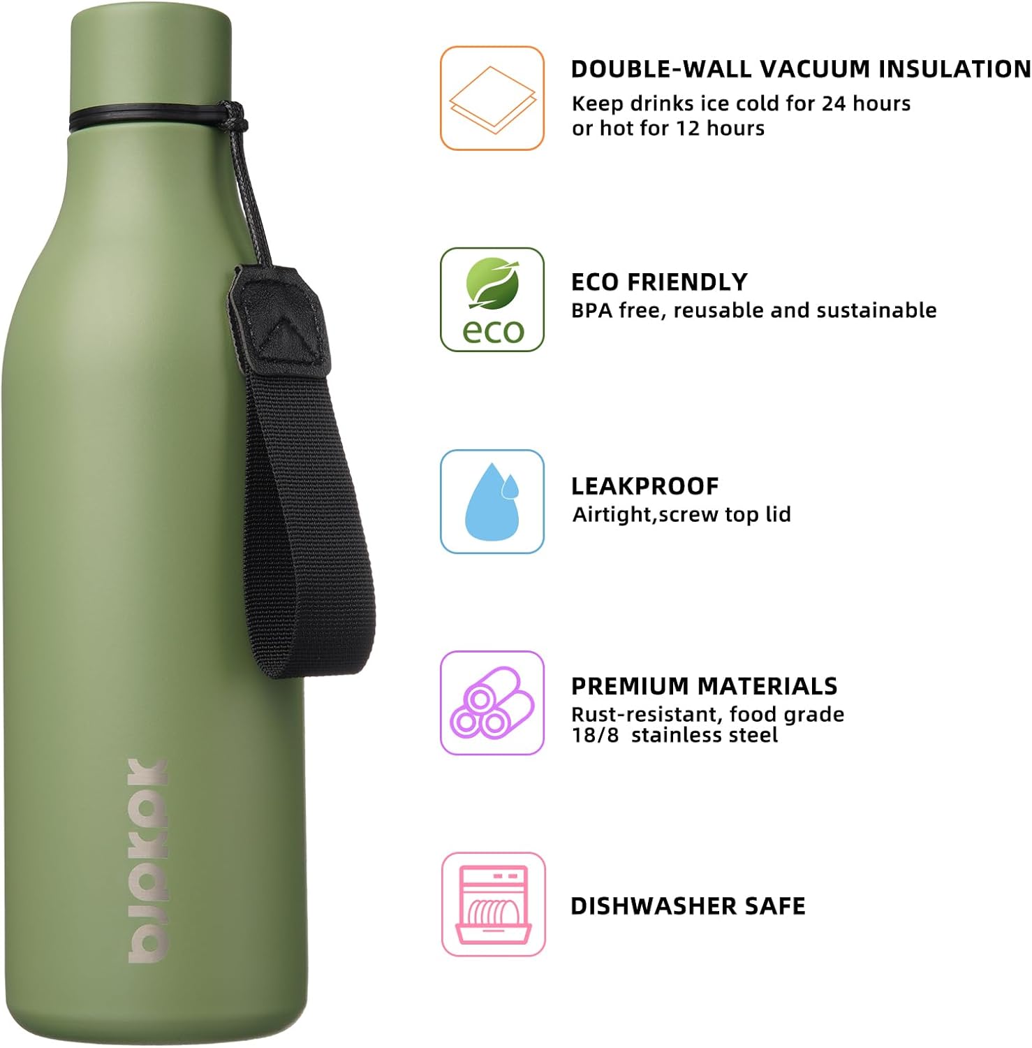 BJPKPK Insulated Water Bottles, 25 oz Stainless Steel Metal Water Bottle with Strap, BPA Free Leak Proof Jugs, Mugs, Flasks, Reusable Thermal Flasks for Sports & Travel, Forest Green - Image 2