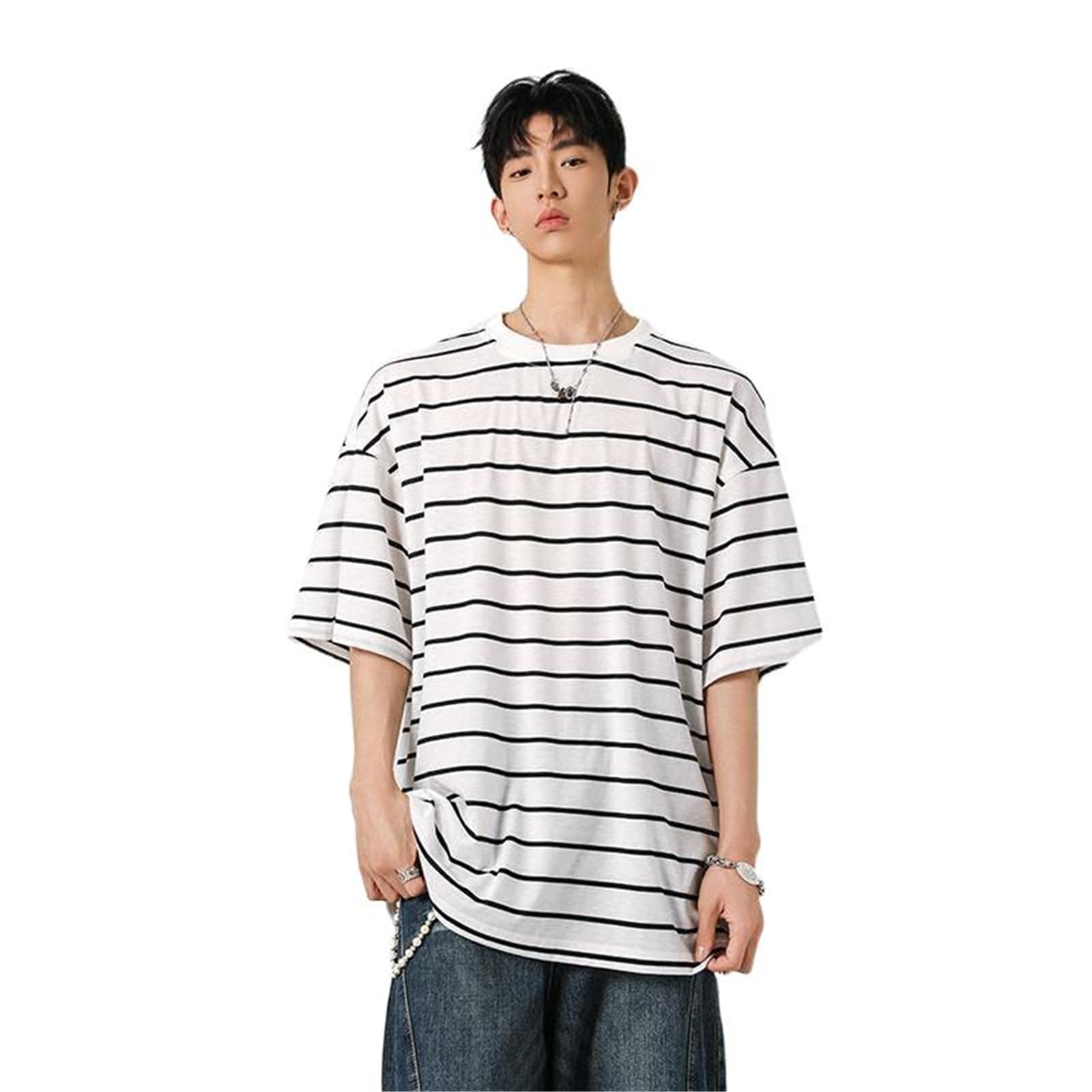 T-Shirt Uomo Estate Stile Coreano Righe Casual Manica Corta