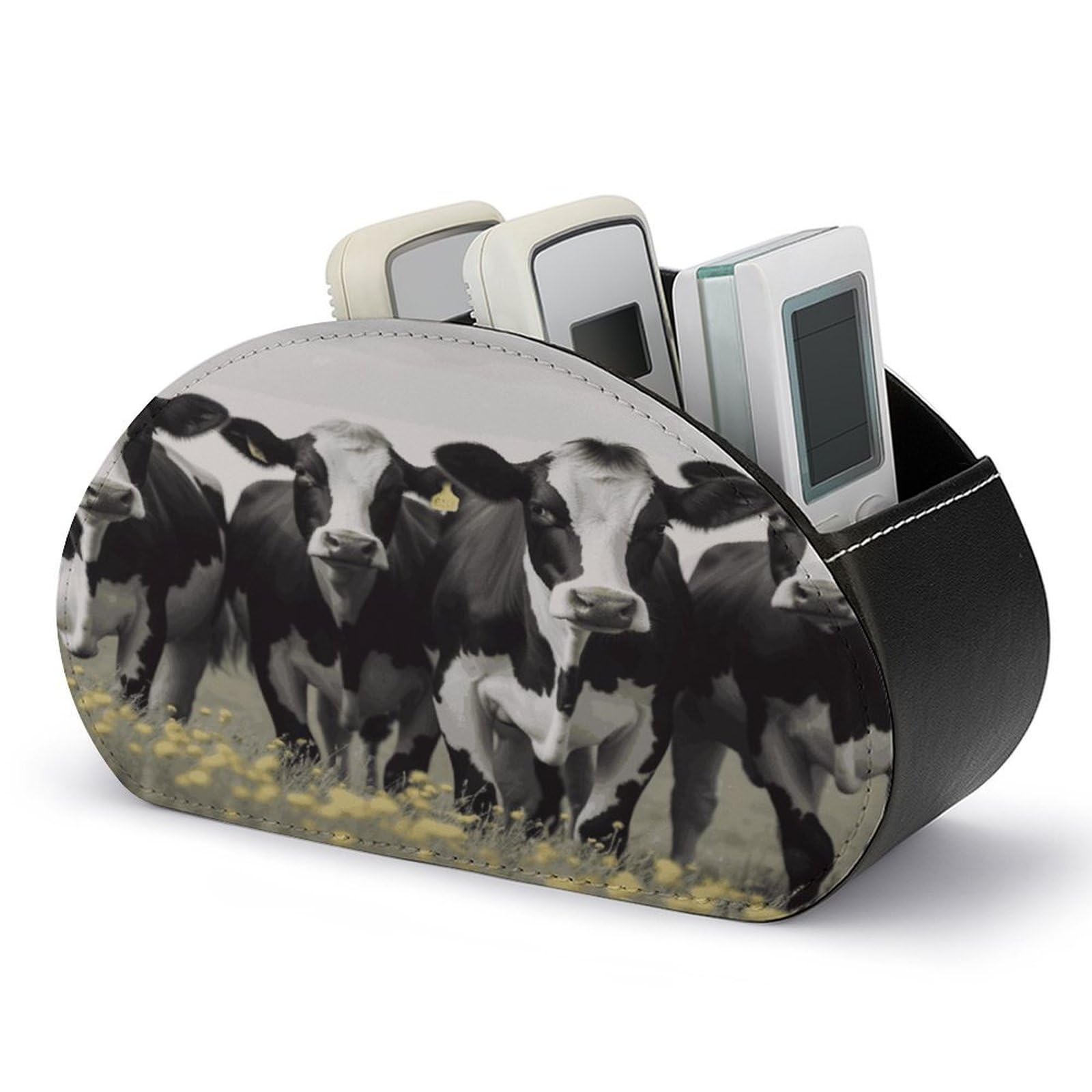 FekiLoot Black White Cows Remote Control Holder with 5 Compartments Multi-functional TV Remote Caddy Organizer Leather TV Remote Holder Desktop Organizer Store for Bedside Table Office Desk