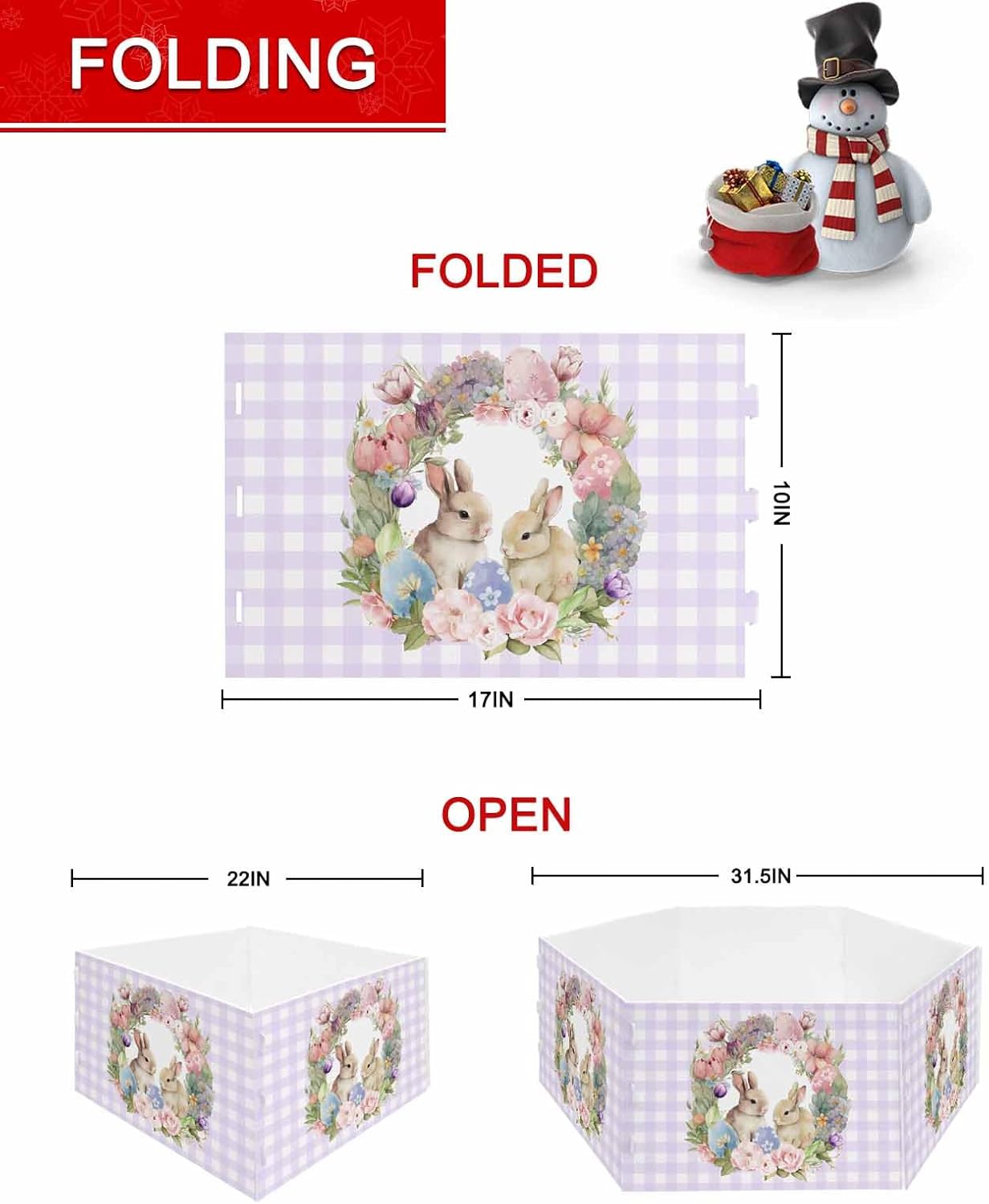 Easter Day Christmas Tree Collar Tree Box Stand Cover,Bunny Egg Floral Wreath Spring Purple Plaid Artificial/Pencil/Silm/Skinny Tree Ring 4 Packs Collapsible Tree Skirt for Christmas Xmas Tree,17"x10"