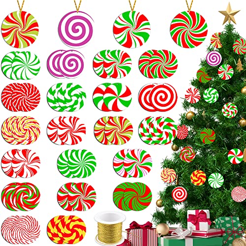 FEQO 40 Stück Weihnachtsbaum-Pfefferminz-Dekoration, doppelseitig, bedruckt, bunt, Weihnachtsbaum, hängende Süßigkeiten-Ornamente mit einer Rollschnur für Weihnachtsbaum, Heimparty-Dekoration Cover