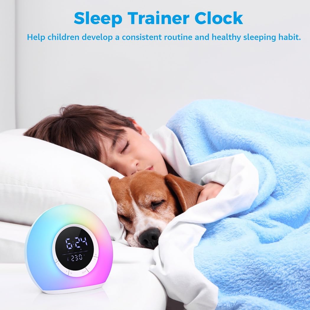Reloj despertador para niños, con luces RGB, brillo ajustable, altavoz, pantalla LED