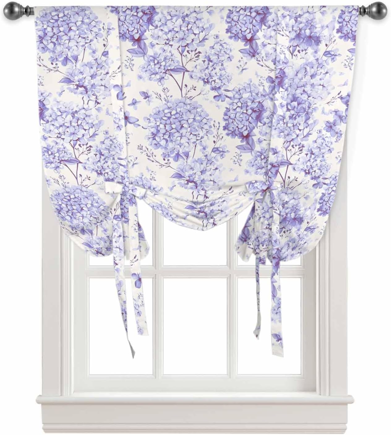 Yukro Tie Up Curtains Window Shades, Spring Rustic Hand Drawn Blue Hydrangea Rod Pocket Tie Up Window Shade, Adjustable Balloon Curtain Shade for Blinds Kitchen Bathroom, 1 Panel, 52"x63"