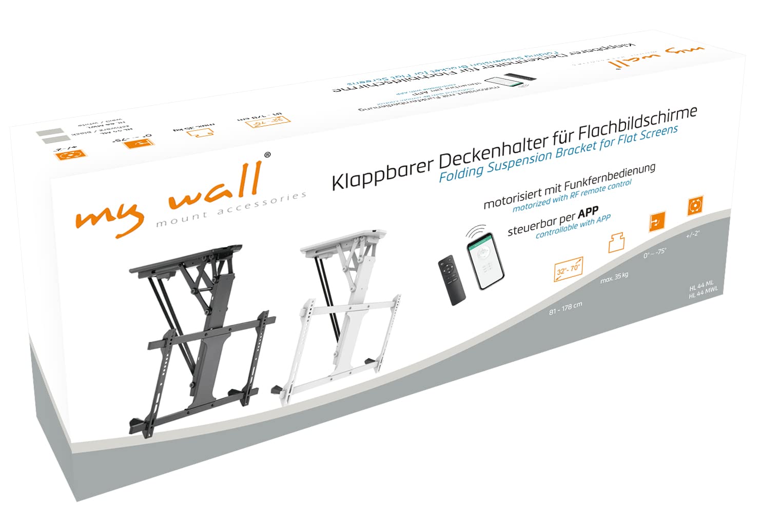 mywall HL44ML - Soporte de Techo Plegable y motorizado para televisores de 32" a 70" (81-176 cm), Carga de hasta 35 kg, con Mando a Distancia, con función Smart Home