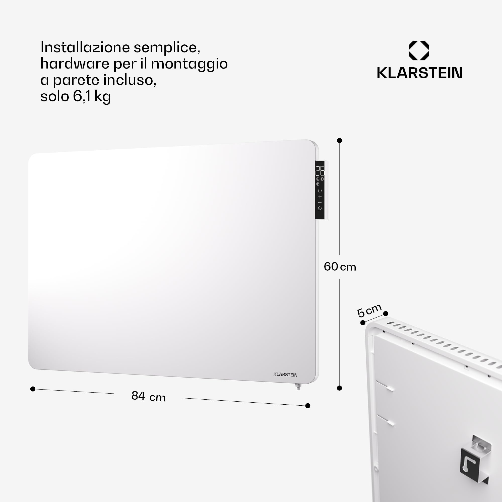 KLARSTEIN Wonderbeam 650W Riscaldatore Ibrido A Infrarossi - Montaggio A Parete, IR Comfortheat, Display LED Nascosto, Telecomando, Protezione Contro Il Surriscaldamento, Riscalda 12-18 m²