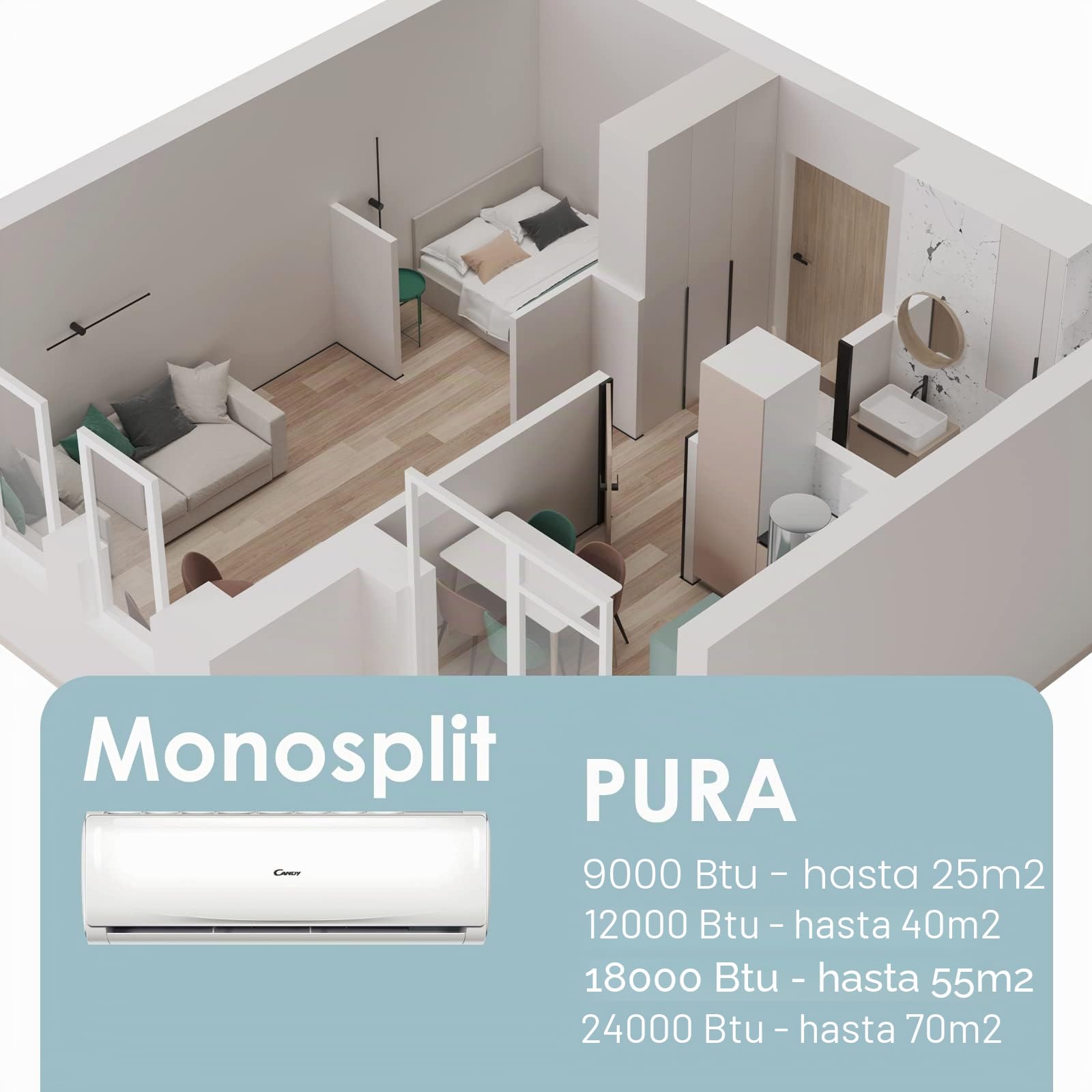 Candy Pure Aire acondicionado inteligente, climatizador monosplit con unidad exterior e interior 12 000 BTU, 20 dBA, con bomba de calor para aire caliente, Self-Clean y control remoto con app