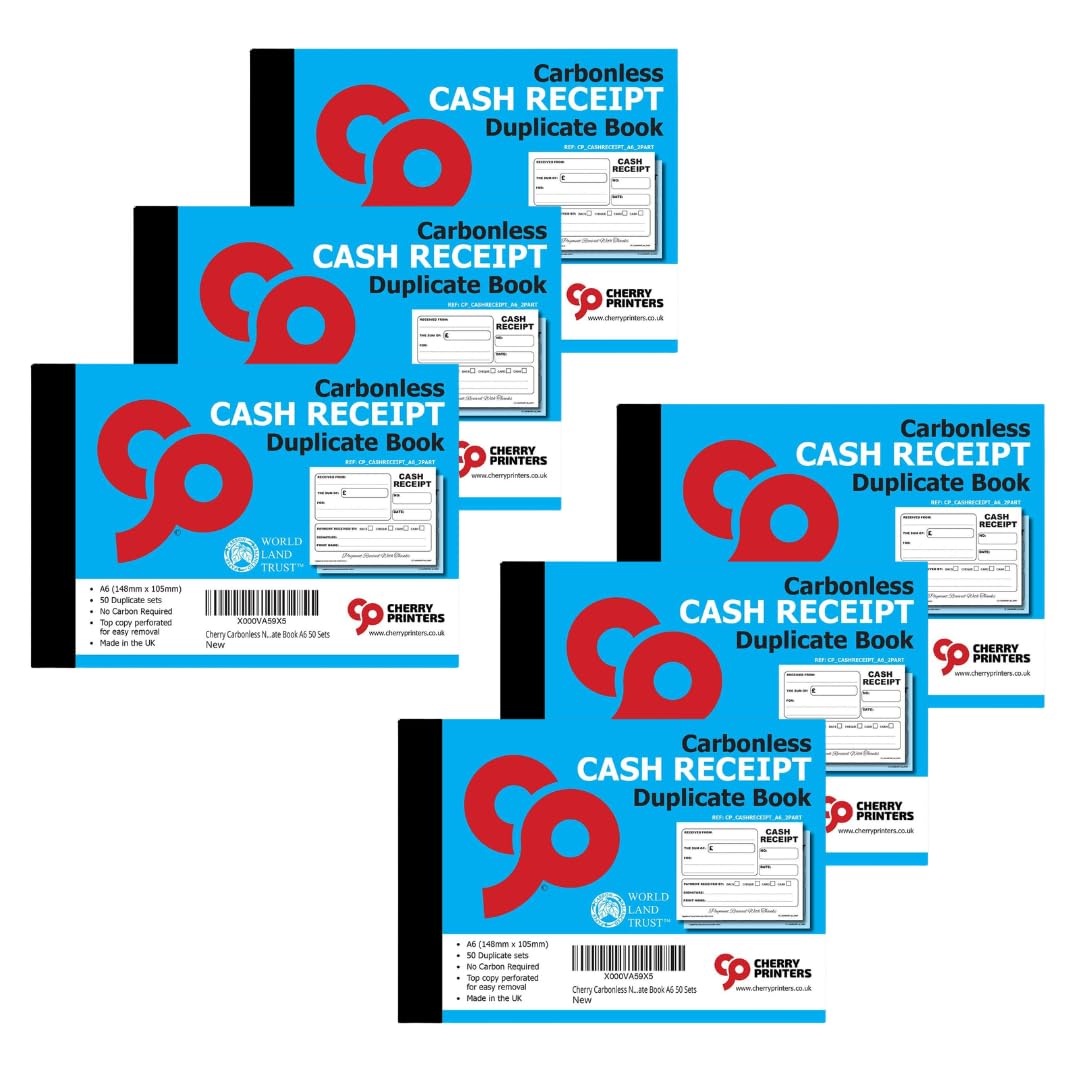 Cherry Printers | Carbonless Cash Receipt Book 2pt A6 | Duplicate NCR Receipt Book | 50 Duplicate Sets | No Carbon Required (NCR) | Perforated Tear Out Receipts | Small Business Receipt Pad **6 Pack**