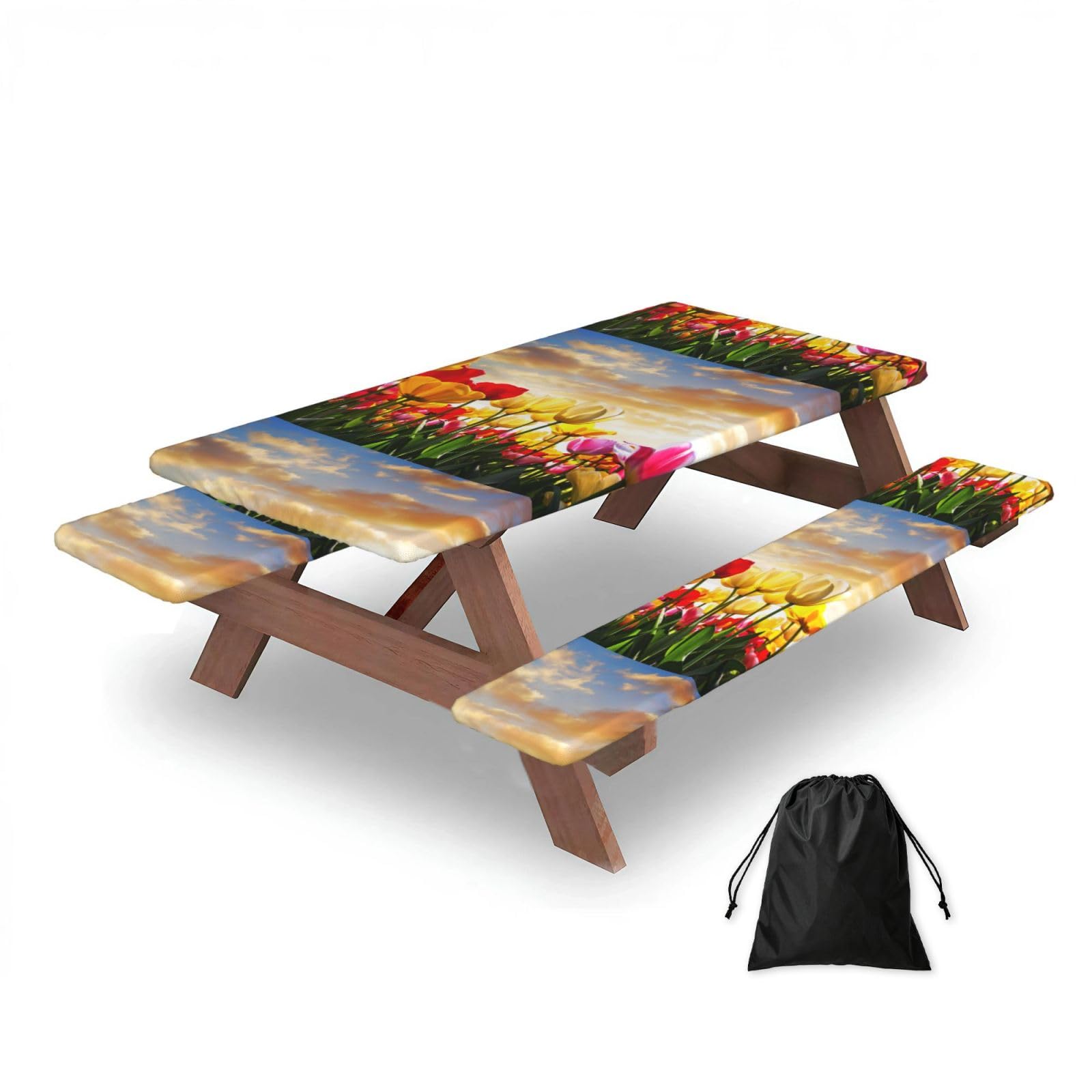 Dopklna As Picture Tulip Flower Sunset, Picnic Table Cover With Bench Covers -Waterproof Elastic Fitted Tablecloth For Garden Camping Patio 76X152cm