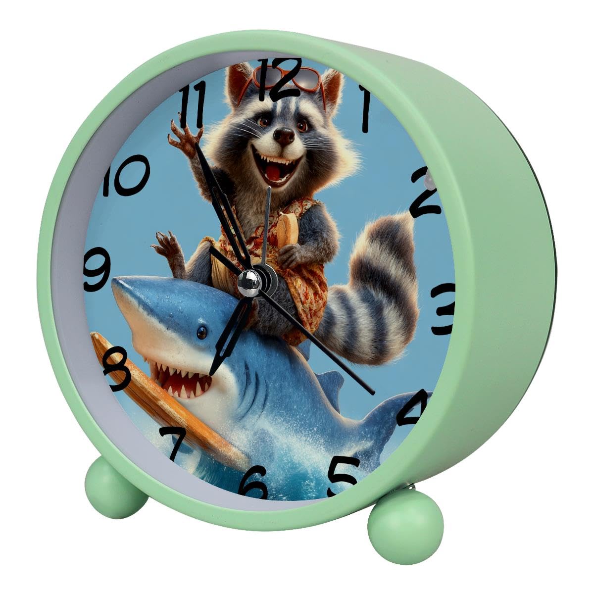 Luoweisi Analog Alarm Clock Raccoon Riding Shark, Silent Non-Ticking with Night Light, Battery Operated, Round Desk Alarm Clock for Office, Bedroom, Elderly, Adults, Children, Student Gifts