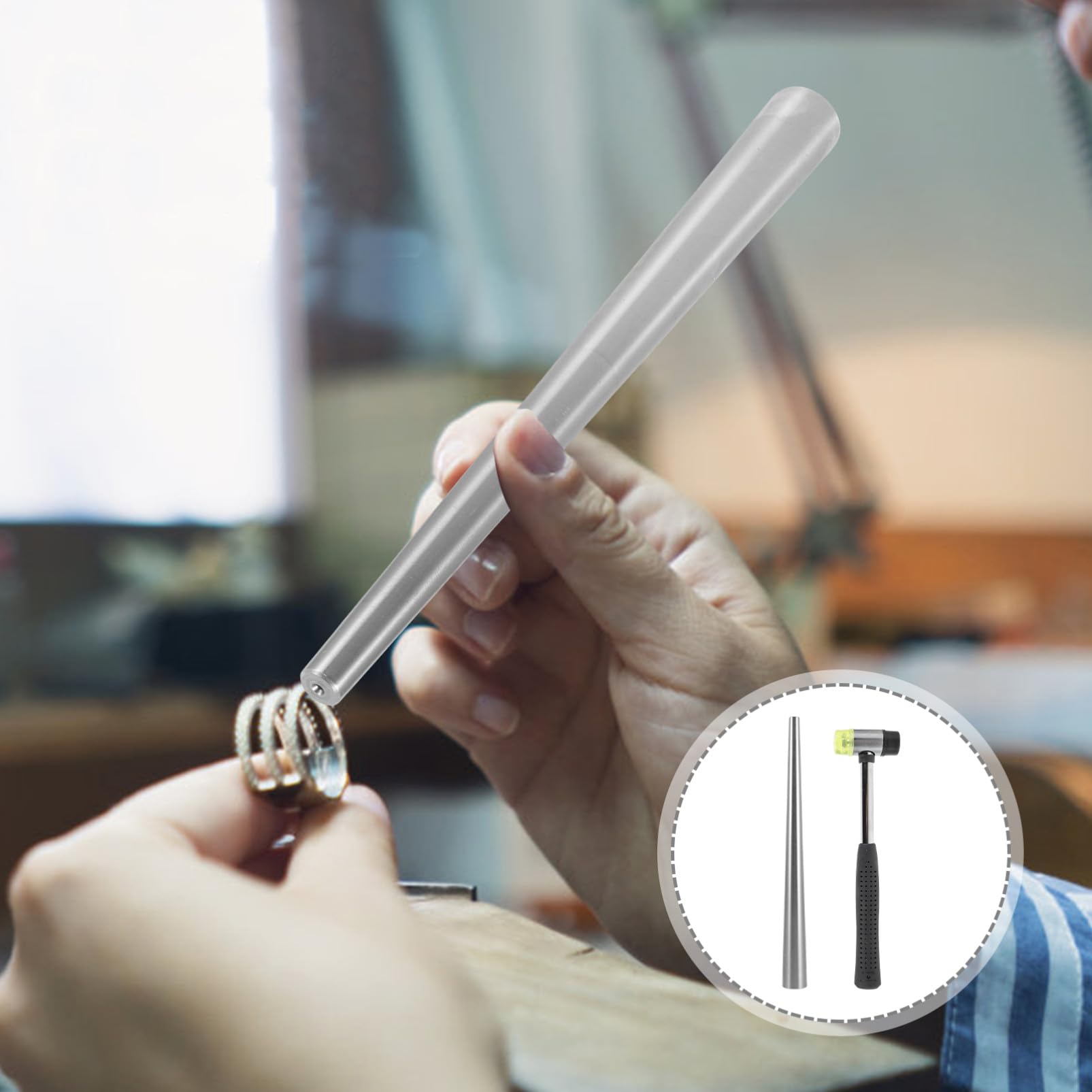 Angoily Herramienta para Anillos con Mandril y Martillo de Goma Ligero Kit Portátil para Reparación y Moldeo de Joyas para Ajustar y Formas de Anillos