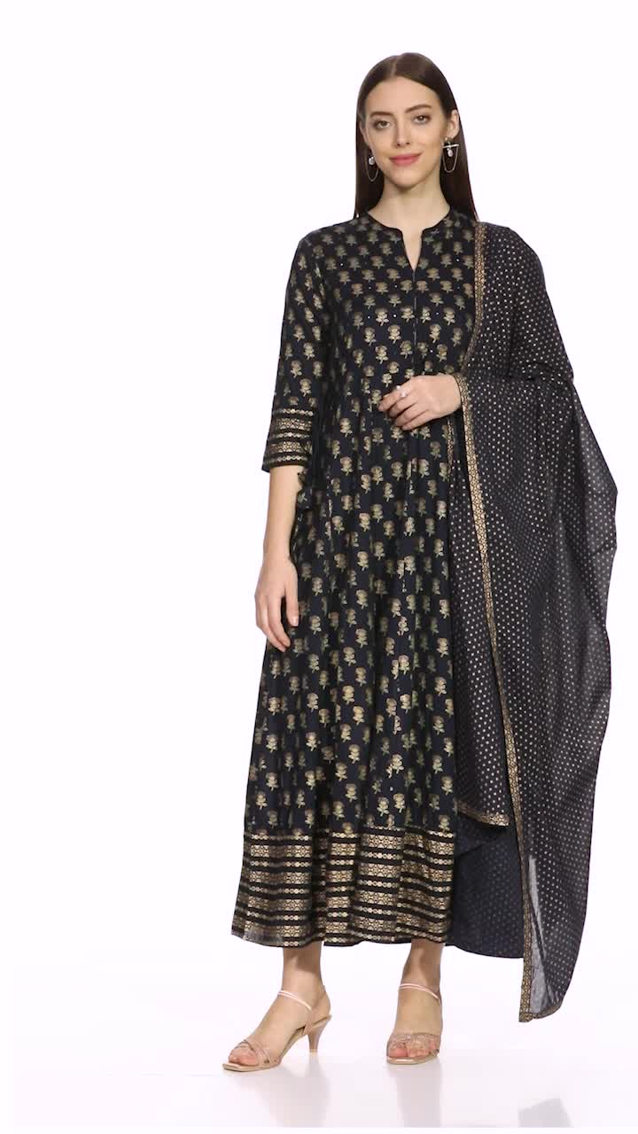 KIPEK Women's Rayon Anarkali Kurta With Dupatta - Mustard Yellow Floral Print