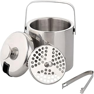 SKEIDO Stainless steel Ice Bucket Ice Cube Container Double Walled 1.3 Liter Ice Container with Tongs and Lid Ice Container