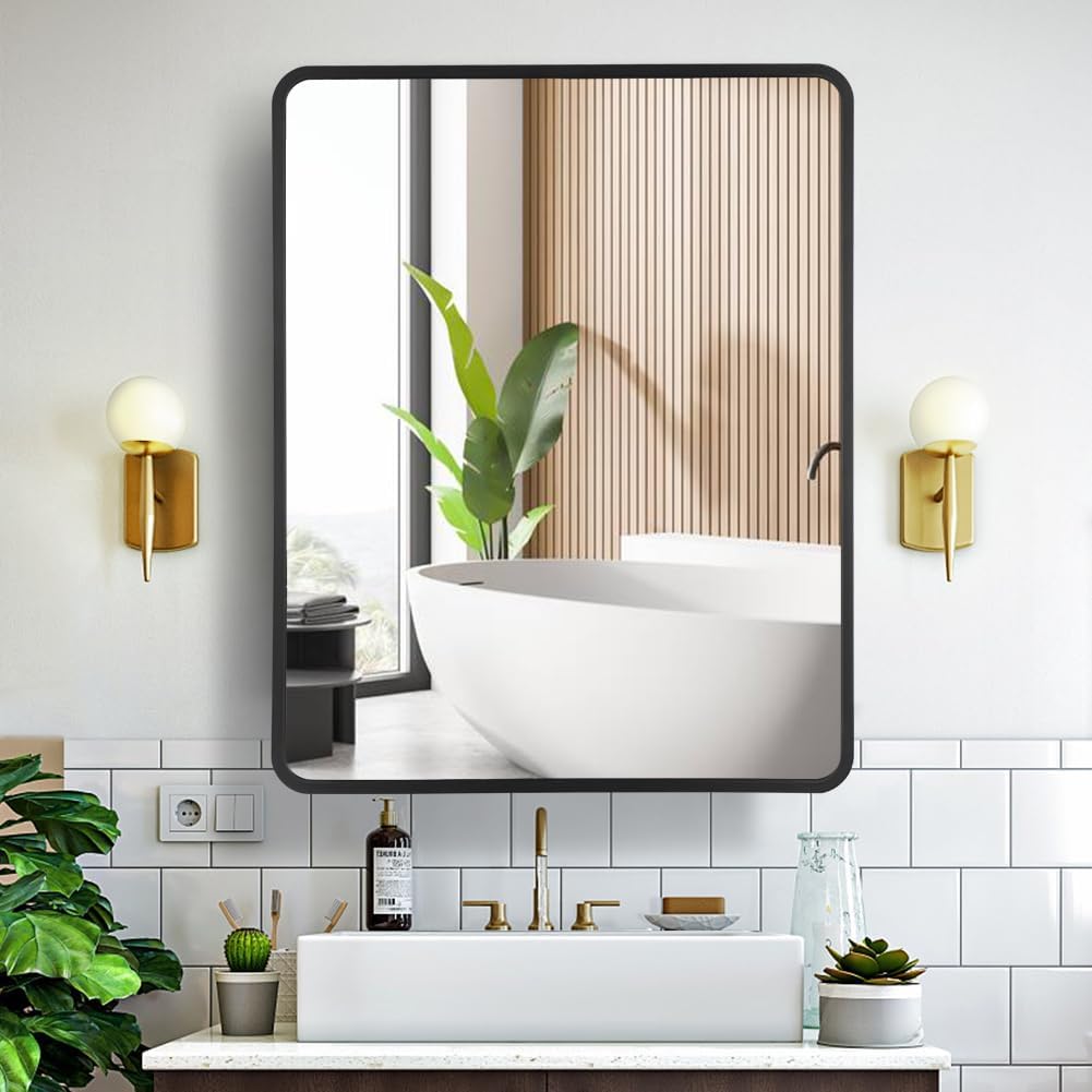 Movo 24 Inch x 30 Inch Black Metal Framed Bathroom Mirror Medicine Cabinet Rectangle Tilting Beveled Vanity Mirrors Recess or Surface Mount Installation 24"W x 30"H Black