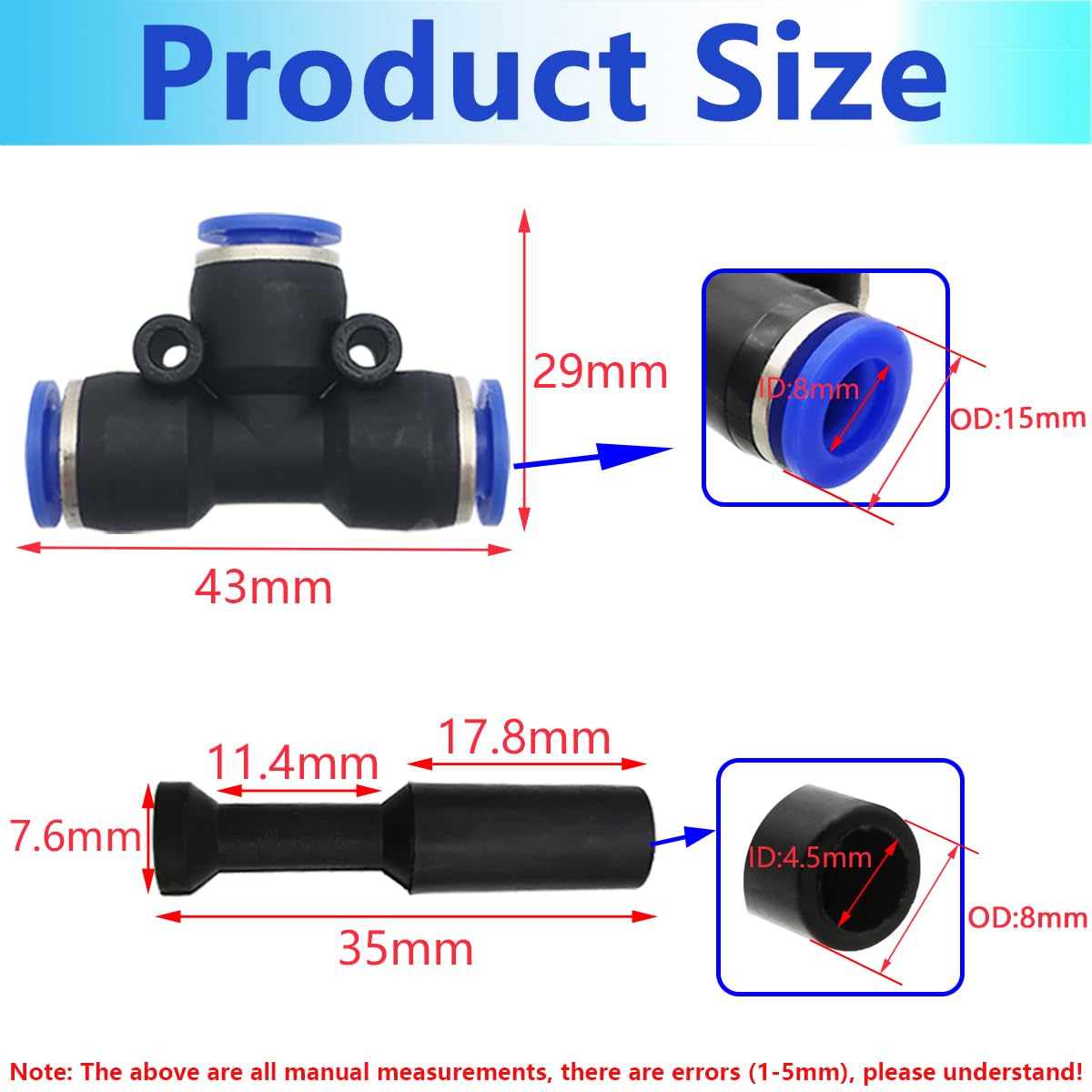 CESFONJER 42 Pcs Pneumatic Fittings Assortment, Push Fit Connectors Kit include T Shape Quick Connect Fittings, Push Fit Fittings choke plug, for 8MM Pneumatic Tools — Amazon image 2