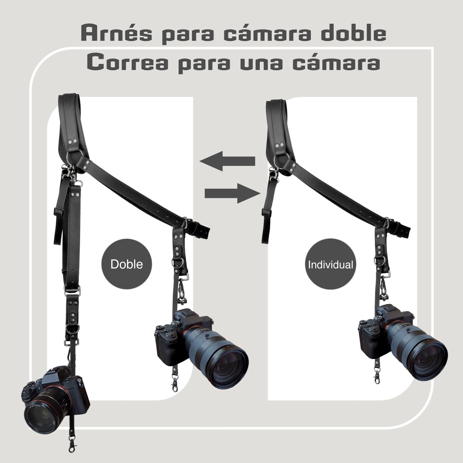 Correa de cámara para 1 o 2 DSLR, correa de cámara de cuero para 1 o 2 cámaras, arnés de cámara dual, correa de cámara de cuero para hombro para fotógrafos