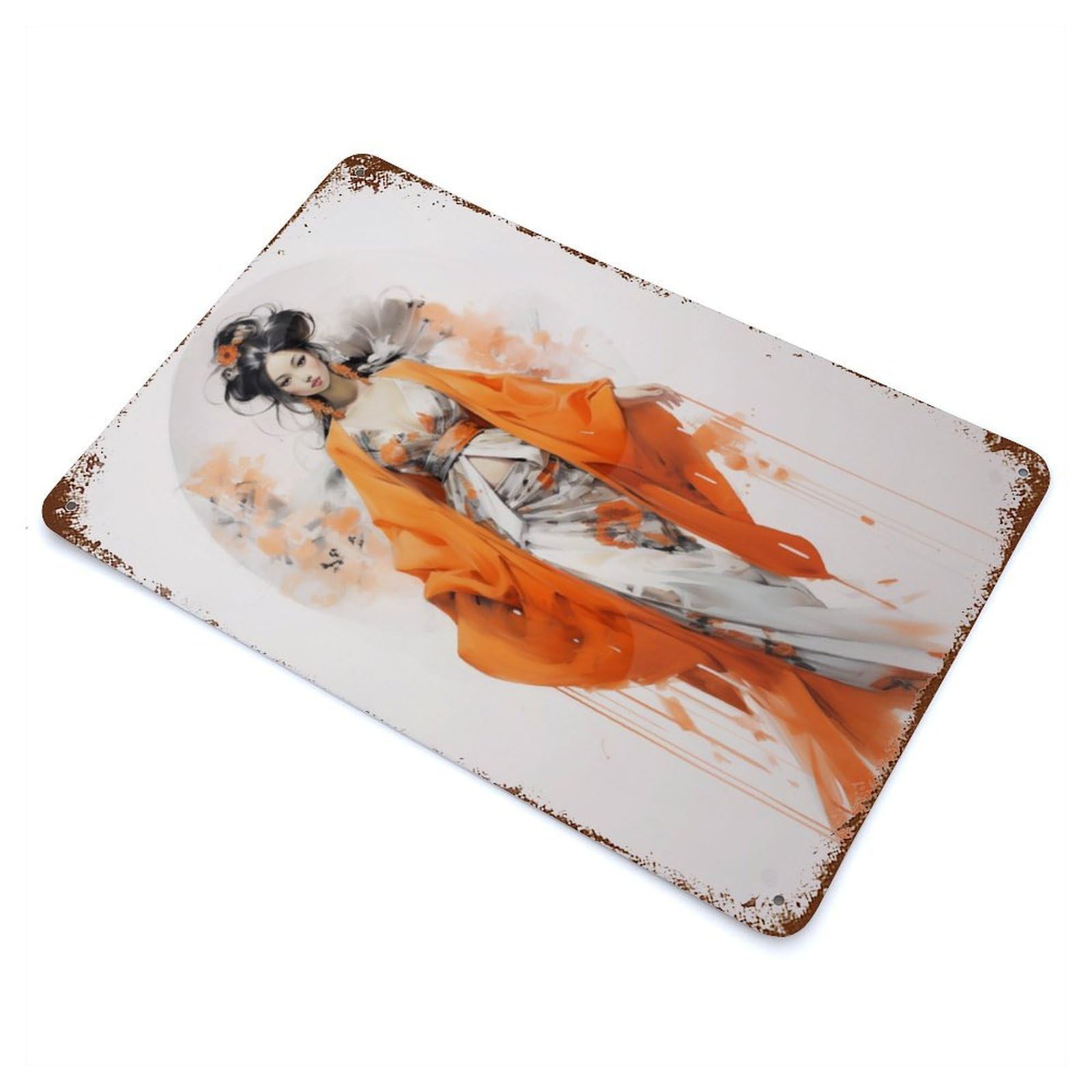 Geisha in Orange Rusty Metal Tin Sign 11.8"x7.9", Ideal for Farmhouse, Kitchen And Entryway Decor