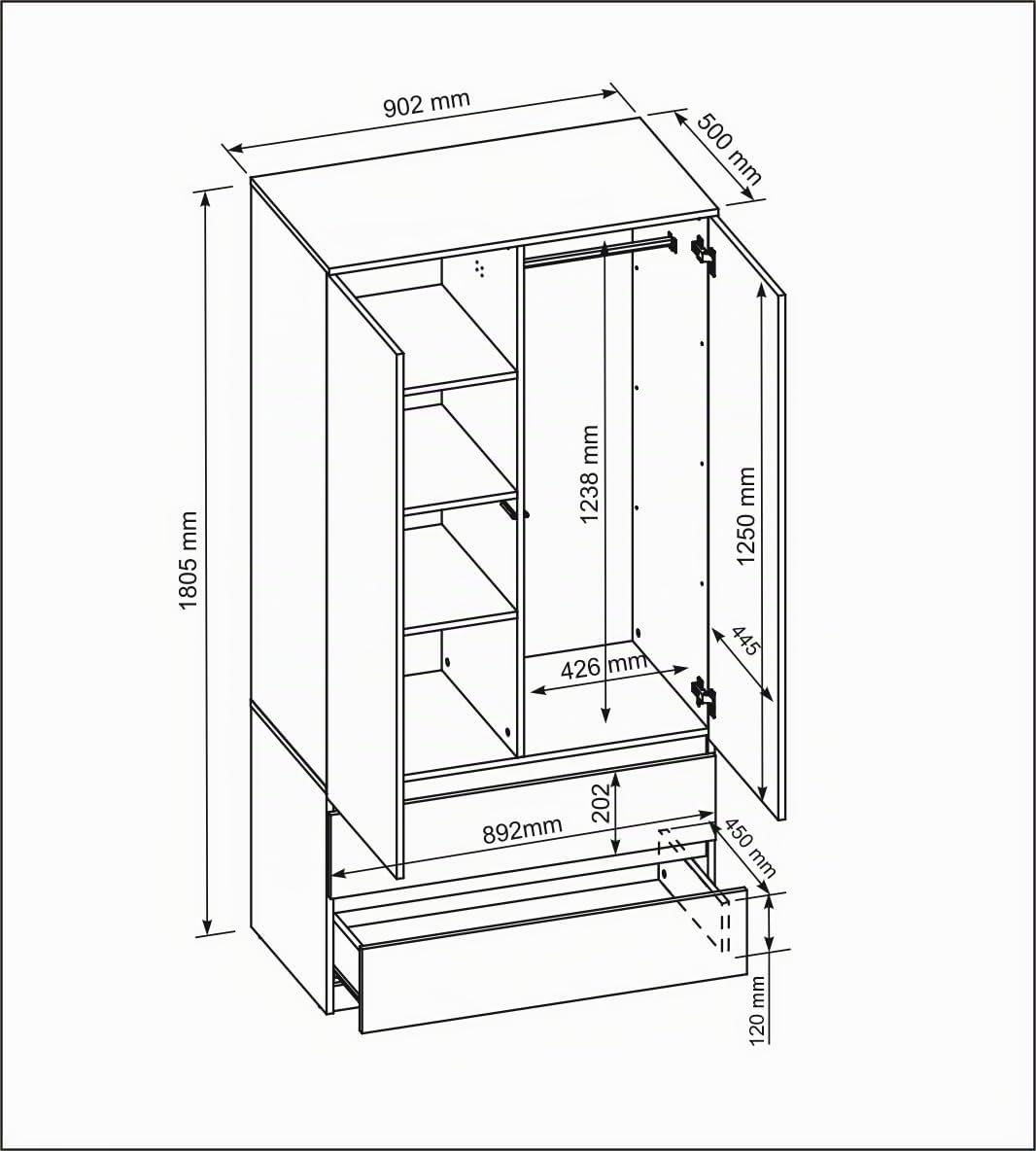 meble masztalerz Armario para Niños 90 cm, 2 Cajones, Cachemira | Armario Dormitorio 90 x 180 x 50 cm Ropero Moderno, Mueble de Almacenamiento, Guardarropa