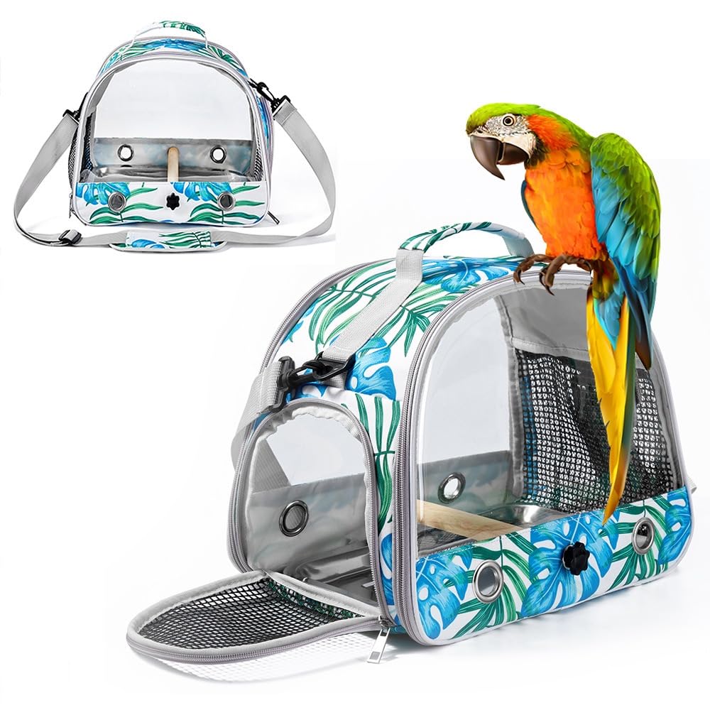 Bird Travel Carrier - Bird Carry Transport Bag with Standing Perch, Printed, Travel Bag Breathable with PP Tray, Outside Travel Cage for Budgies, Parrots, Conures