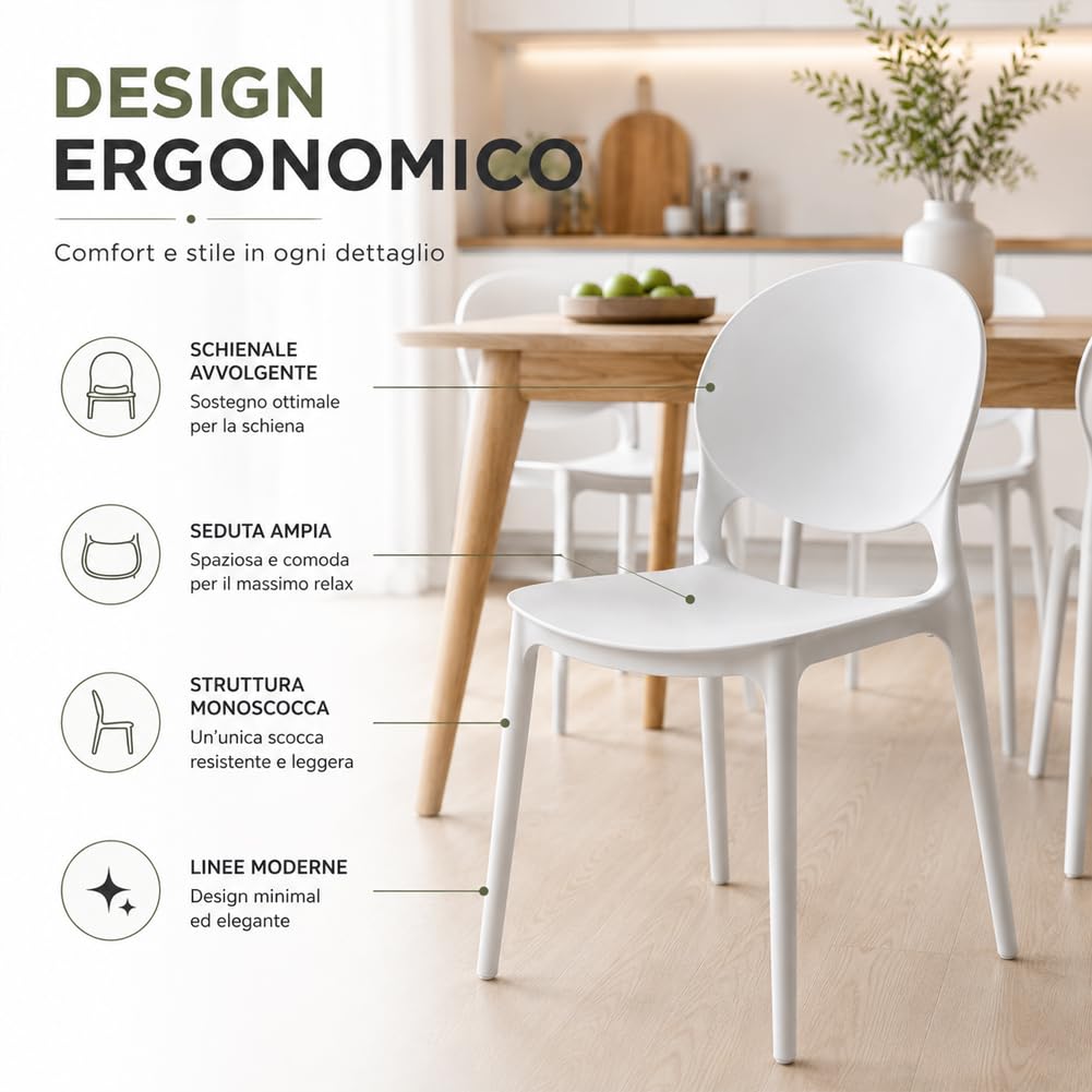 BAKAJI Set 4 Sedie da Pranzo Impilabili Salvaspazio Modello Milano, Struttura Resistente Polipropilene, Seduta Ergonomica Ideale per Interno, Esterno, Casa, Giardino, Ristorante, Bar, 48 x 40 x 80 cm
