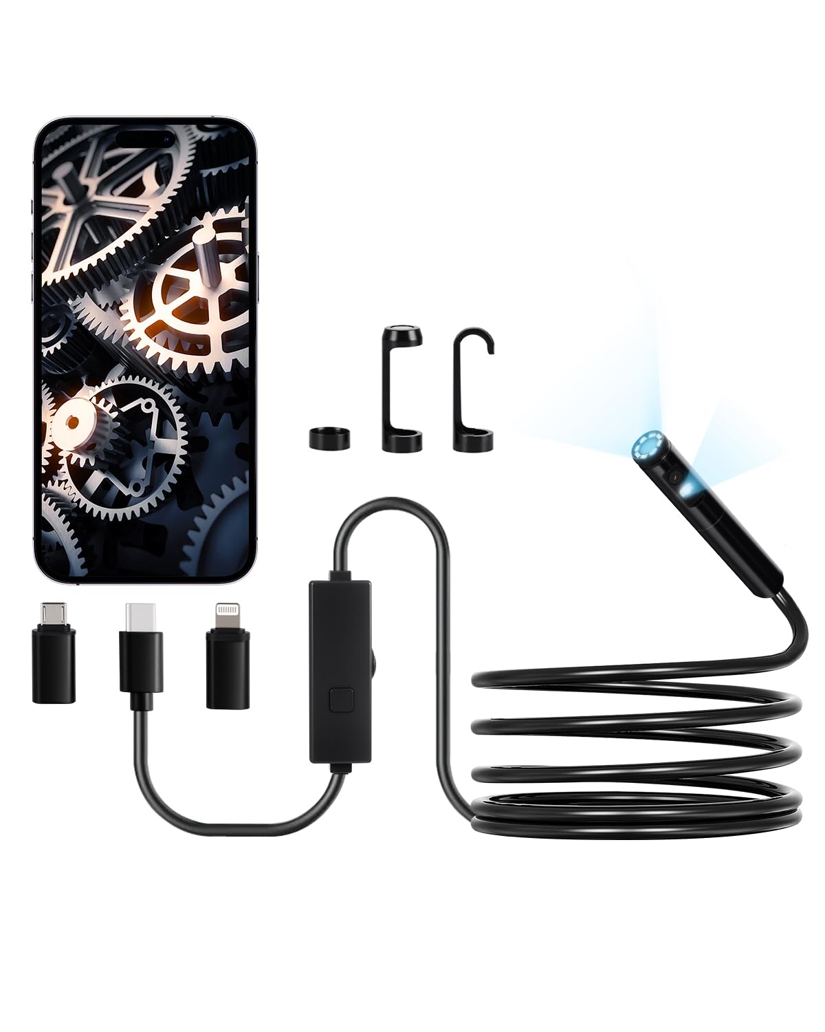 VEVOR Endoscope Camera with Light, Dual Lens Borescope for Android & iOS, 1920P HD Inspection Camera, 8 + 1 LED Lights, 2X Zoom, 10FT Snake Cable, IP67 Waterproof 10FT Dual Lens