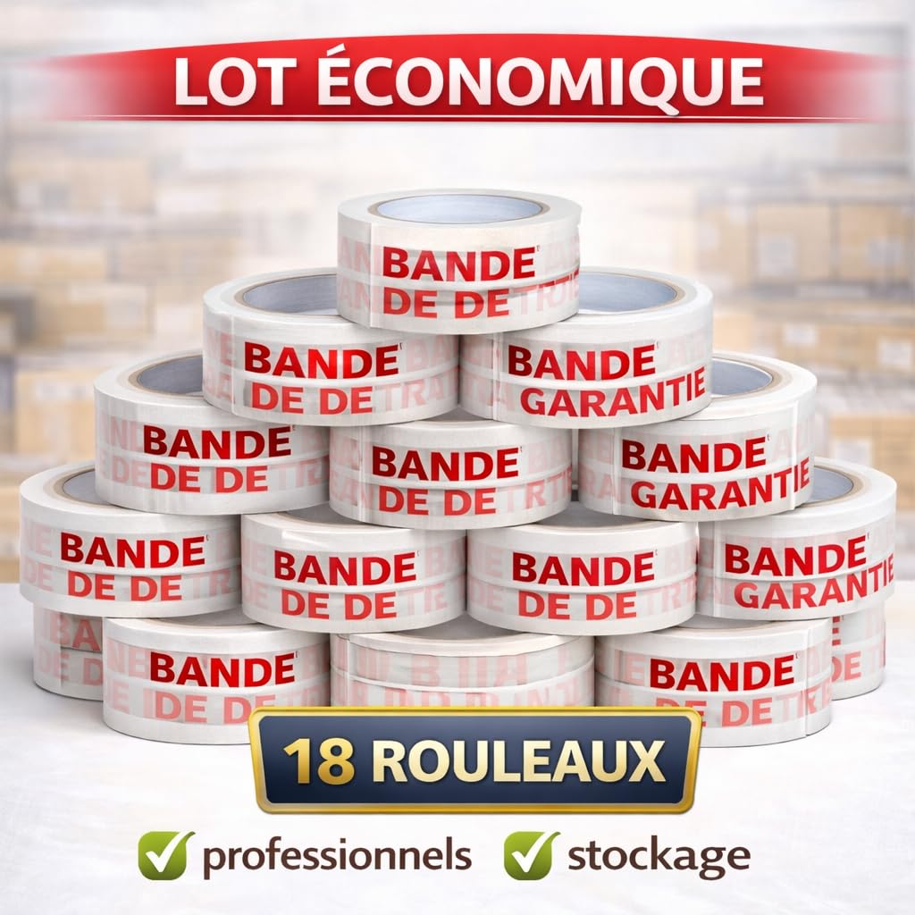 Ruban Adhésif BANDE DE GARANTIE - 50 mm x 66 m – Lot de 18 Rouleaux + Dévidoir Offert – Adhésif Blanc & Rouge – Ruban Adhésif Emballage pour Cartons, Déménagement, Colis, Stockage et Expédition