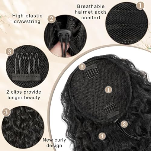 Shnmin Ponytail Extension,Curly Drawstring Ponytail Extension For Black Women Natural Black Curly Clip In Hair Extensions 18 Inch Synthetic Hairpiece For Daily Party thumb #6