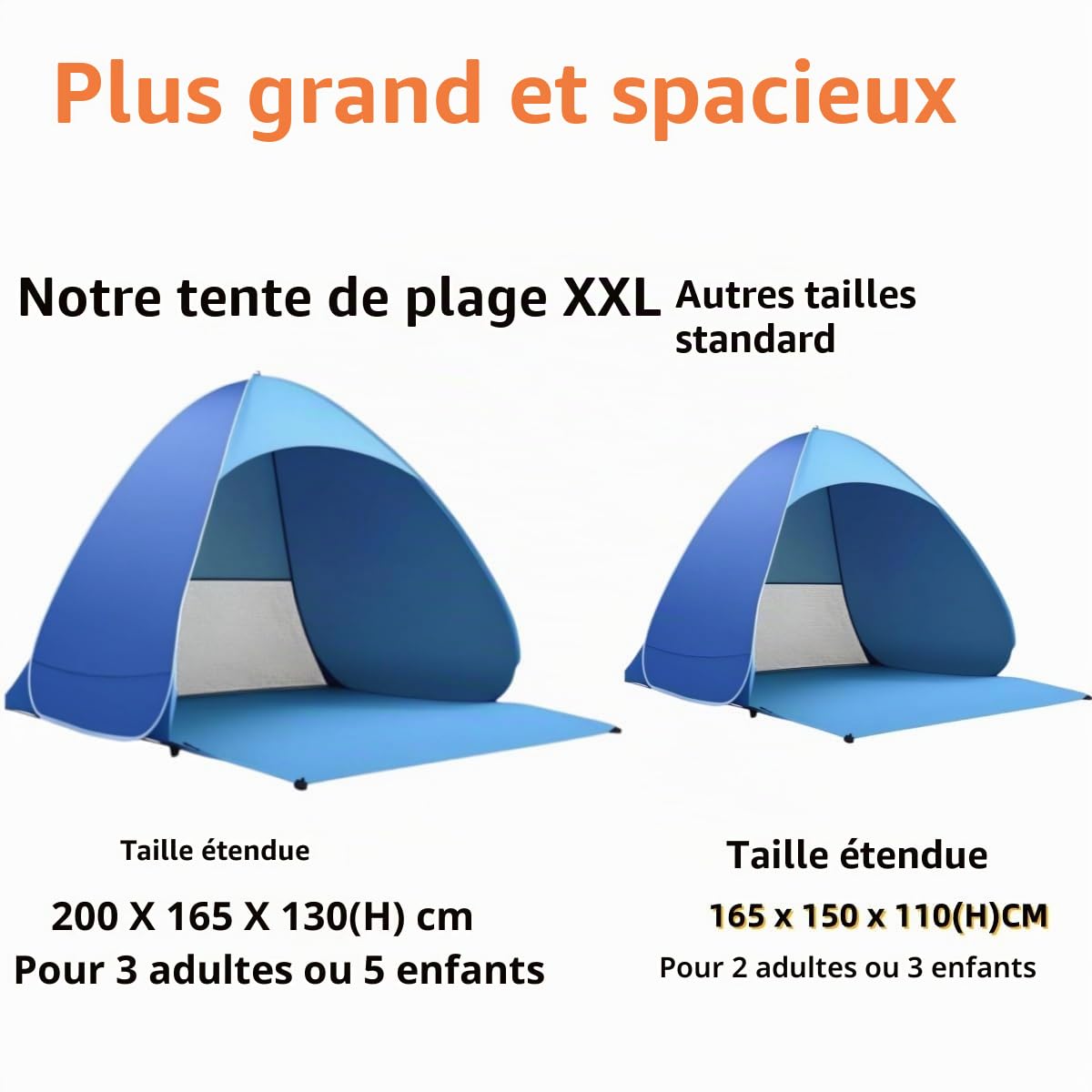 Tente de plage XXL Pop Up avec protection UV 50+, tente de plage solaire 3 à 5 personnes, grande tente de plage pop-up 200 x 165 x 130 cm