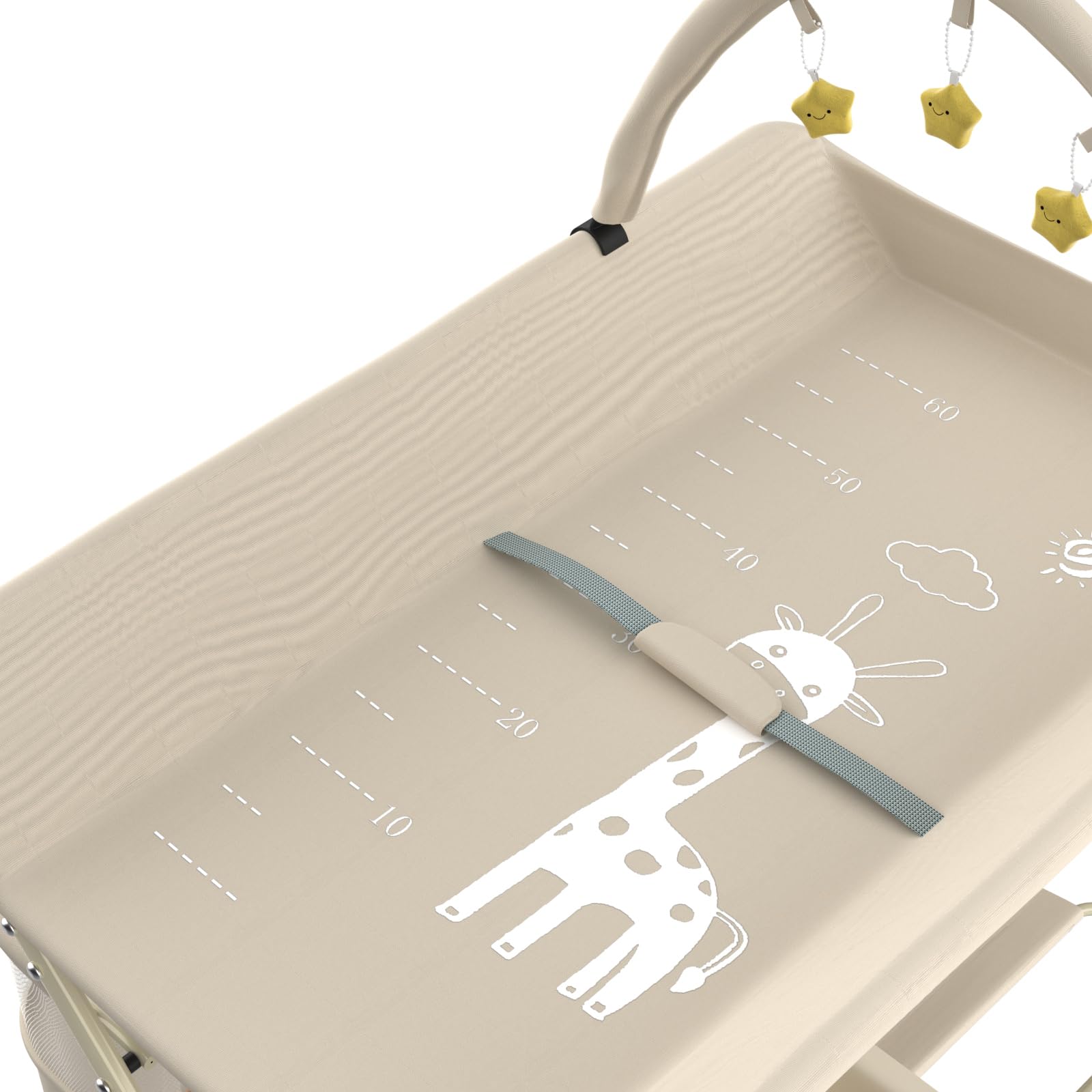 Cambiador de bebé plegable y ajustable en altura, Hasta 25 Kg, 0-36 Meses, Organizador de Pañales, Ruedas 360º con Freno, Arnés y Valla de Seguridad, Funda Lavable, 75 * 68 * 83-91 cm (B) Blanco roto