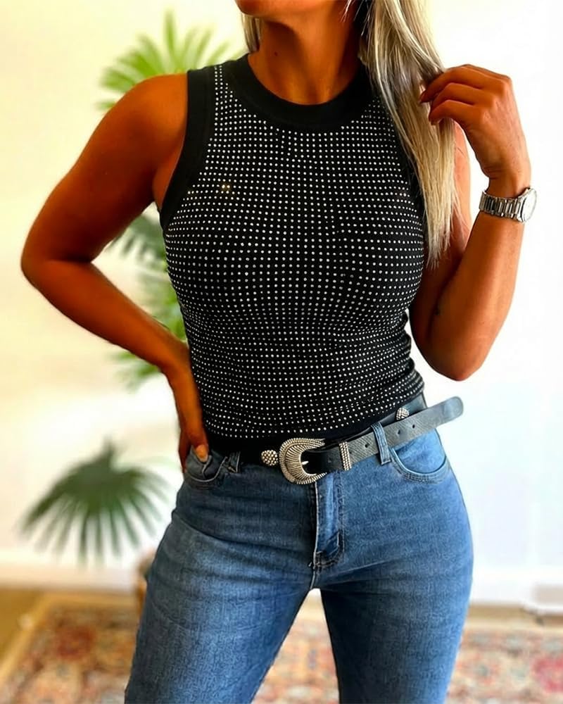 CHICME Women’s Rhinestone Mock Neck Sleeveless Knit Tank Top Slim Fit Sparkly Halter for Party Vacation Summer - Image 2
