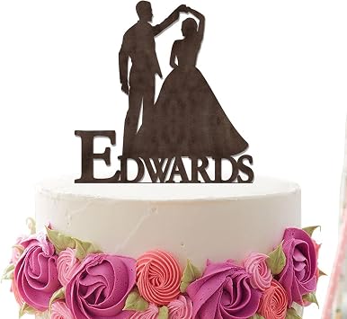 Rustic Wood Brown Mr & Mrs Wedding Cake Topper,Couple Silhouette Cake Topper,Personalized Last Name Custom Date Wedding Cake Topper For Engagement Anniversary Party Decor,Bridal Shower Topper