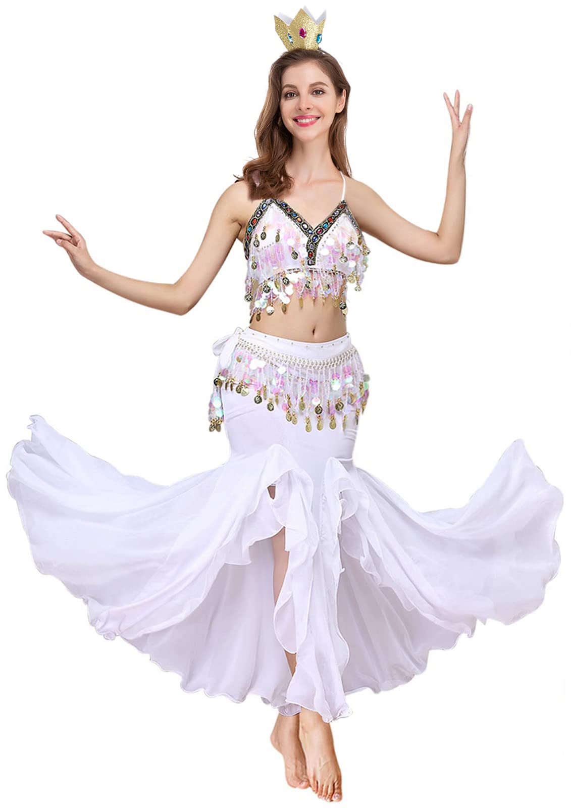 Belly Dance Costume Set for Women Belly Dance Crop Top Bra and Hip Scarf Slit Dance Skirt Halloween Outfit