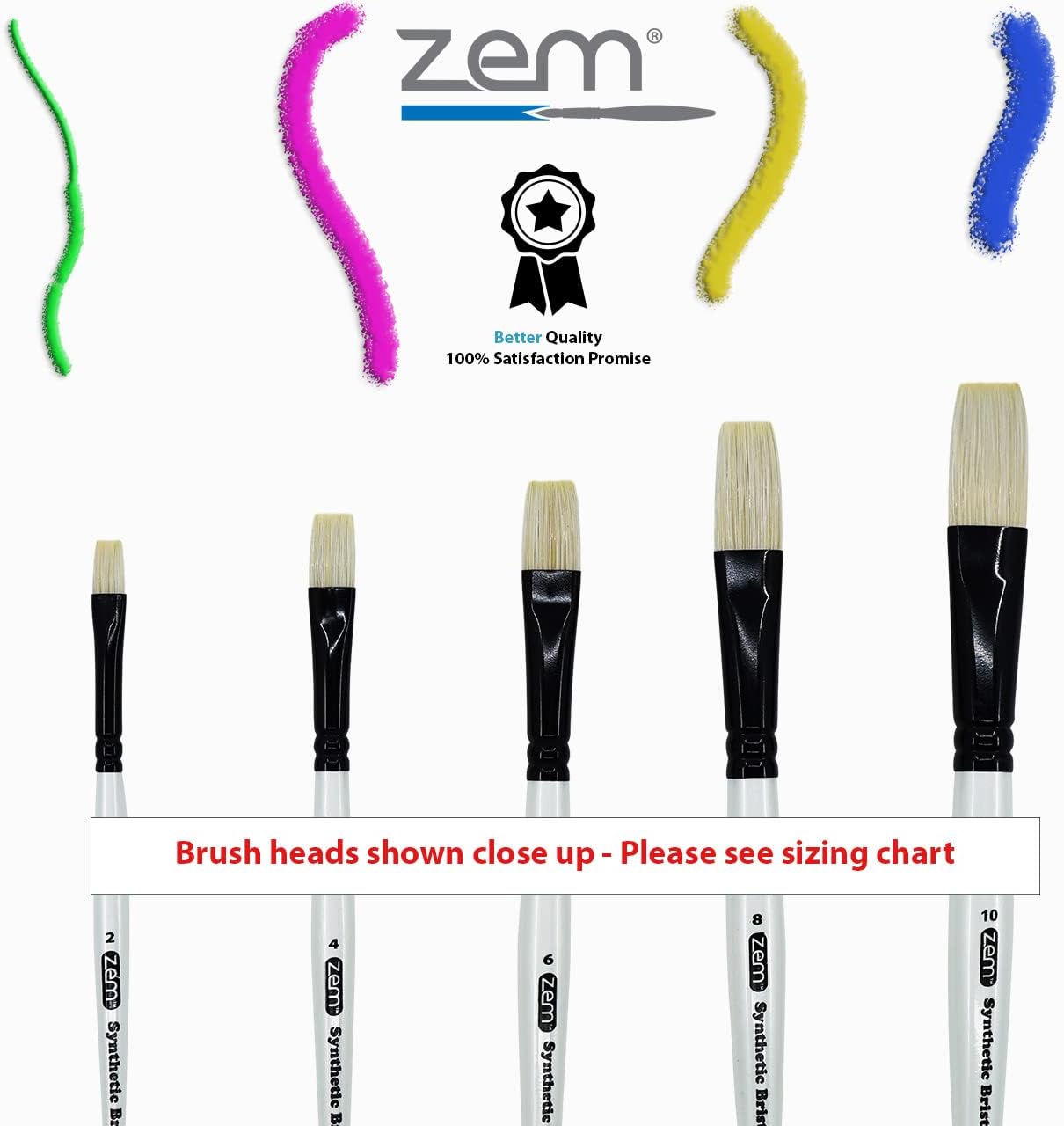 ZEM Brush White Hog Bristle Synthetic Flats Artist Brush Set 5 pcs | Acrylic and Oil