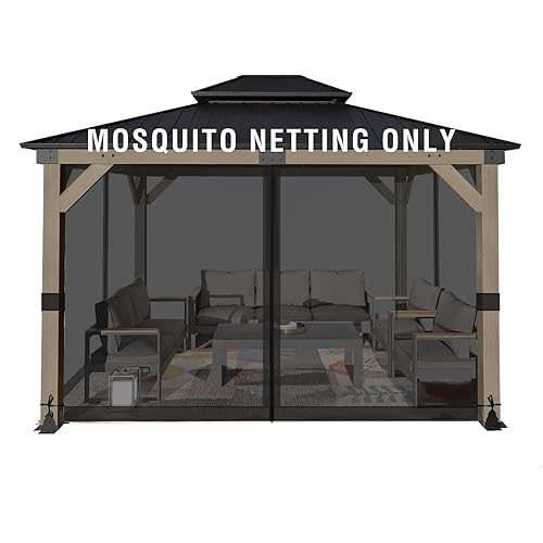 Aoodor Universal 10x12 ft Gazebo Mosquito Netting, Replacement 4-Panel Sidewalls with Double Zippers for Patio, Backyard, Deck, and Lawn (Netting Only, Black)