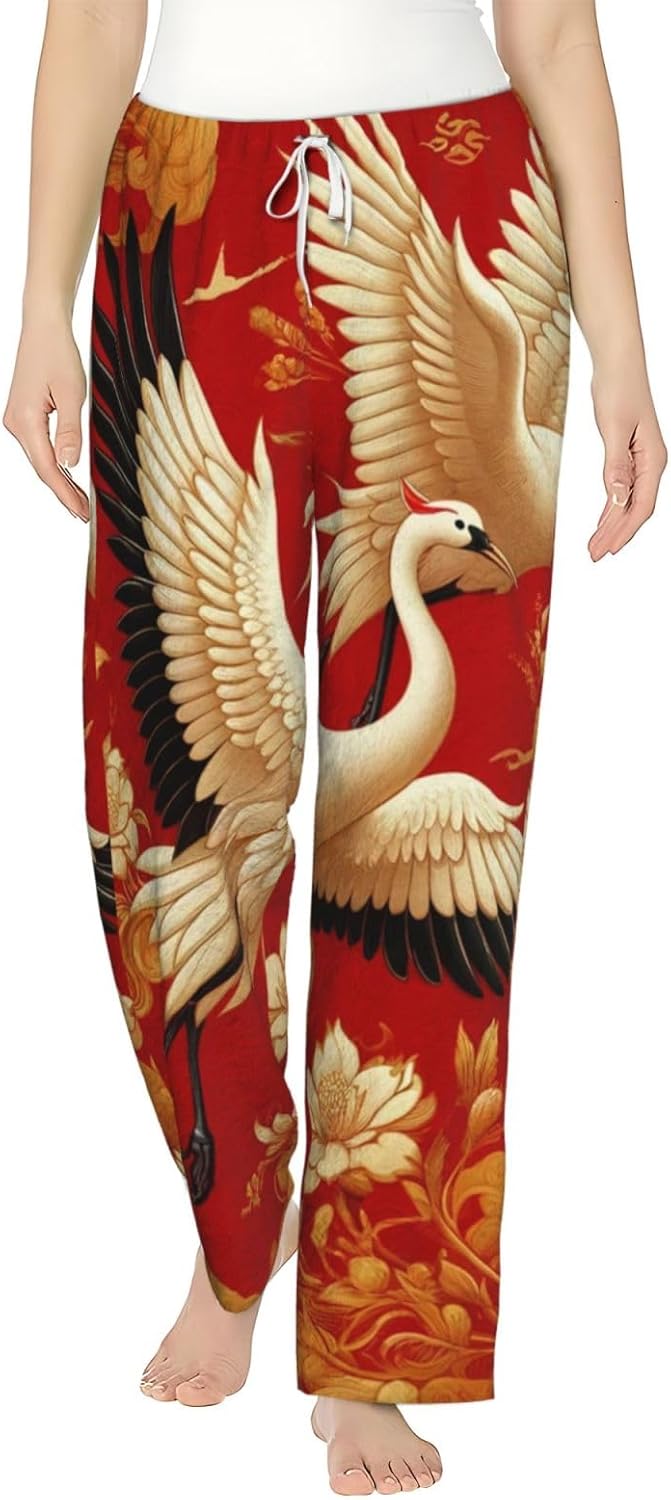 Women'S Chinese-Cranes-Peonies-Longevity Fleece Pajama Pants, Cozy Flannel Lounge Bottoms For Women