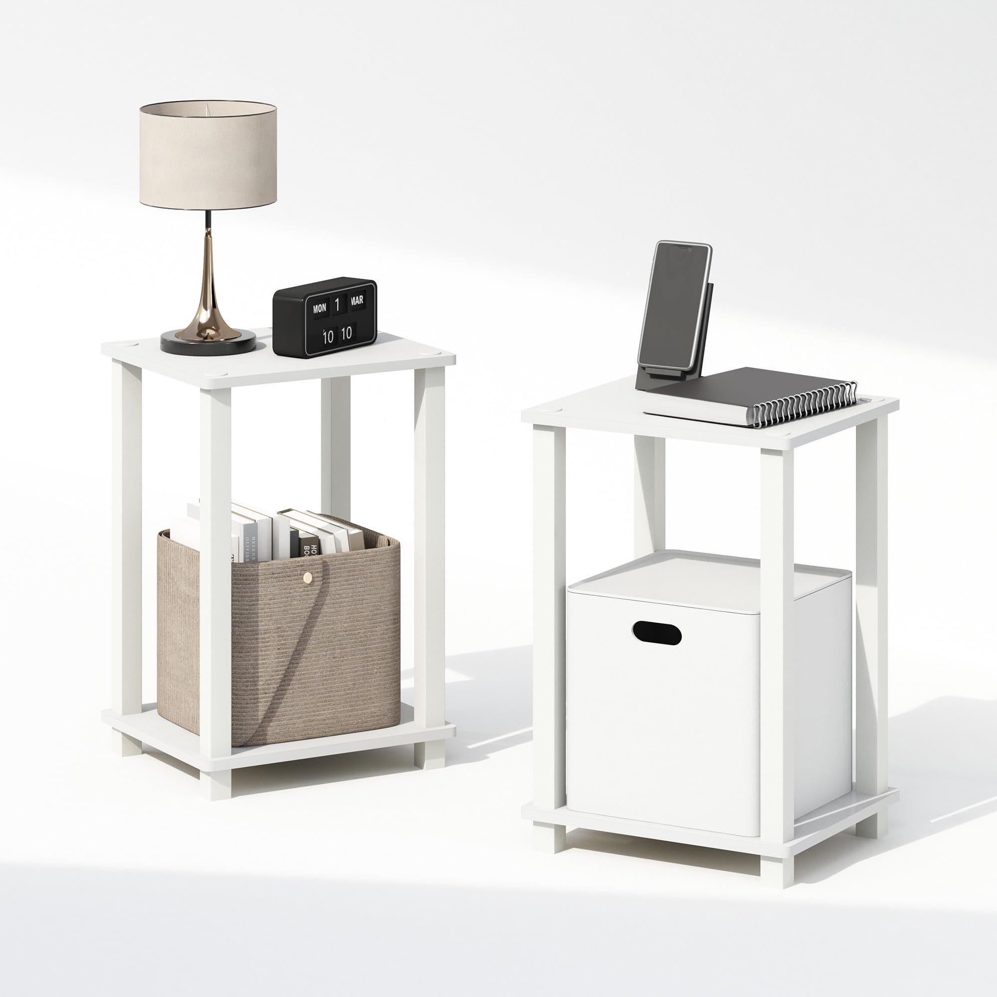 Furinno Simplistic Juego de 2 mesitas de Noche pequeña de 2 Niveles con Estante Abierto, de Montaje sin Herramientas, Mesa Auxiliar, Mesa Lateral, para Dormitorio, Sala de Estar, Blanco