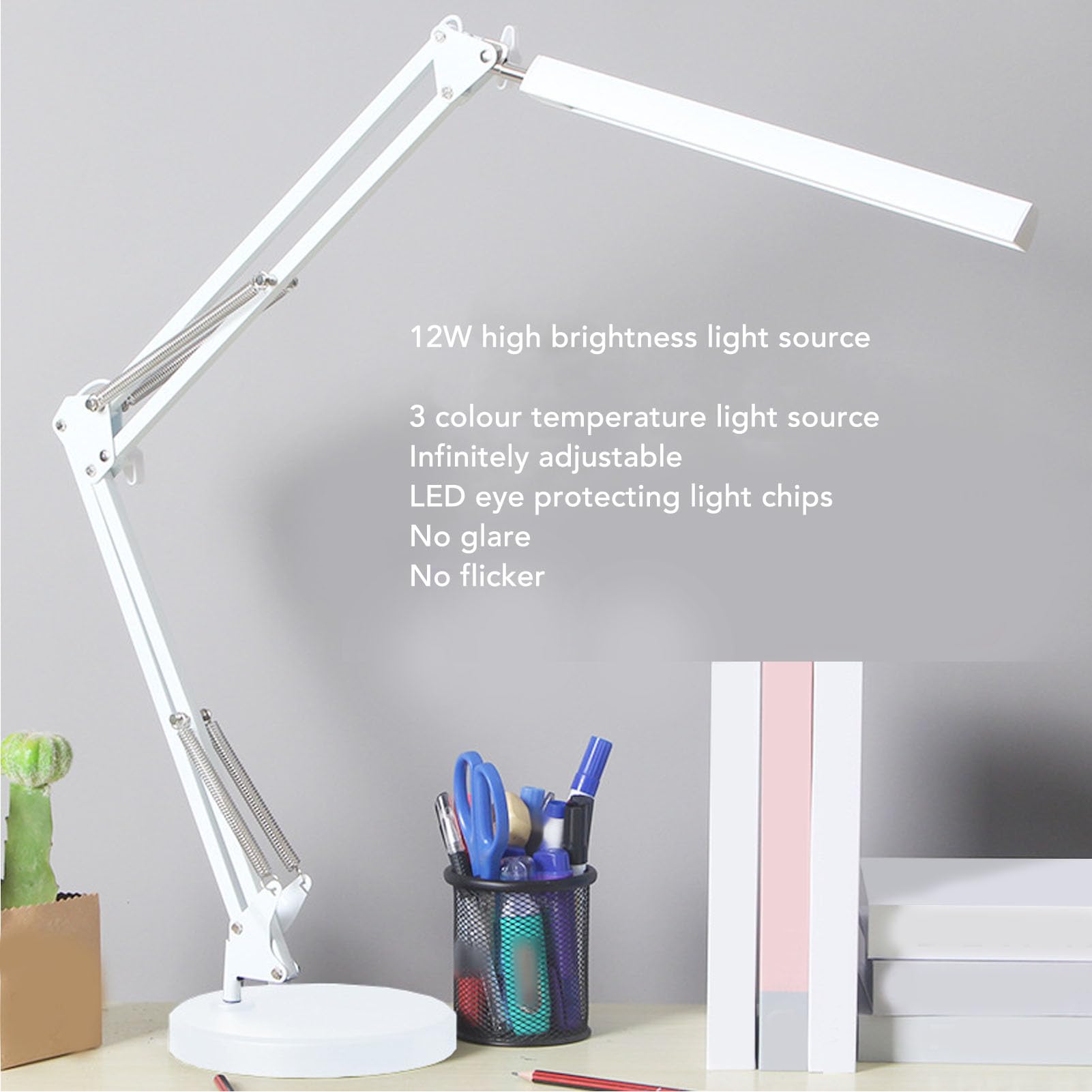 Lampa Biurkowa, 1000LX, Regulowane ramię Obrotowe, Zginana o 360° Lampa Biurkowa LED z 3 Temperaturami Barwowymi, 10 Poziomów Jasności, Ochrona Oczu Zasilana Przez USB, Duże źródło (WHITE)
