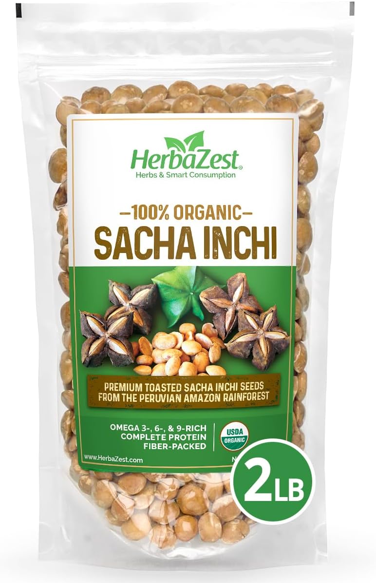 HerbaZest - Sacha Inchi Seeds (2 lbs) USDA Organically Certified Vegan, Non-GMO & Gluten Free Perfect for Sna