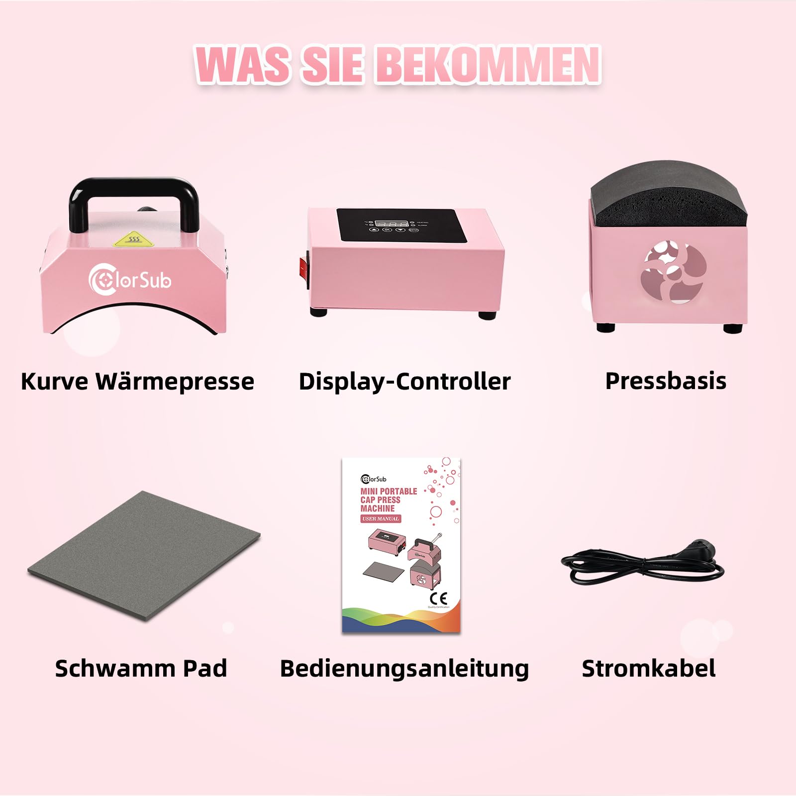 ColorSub Mini Hitzepresse für Kappen Rosa, Mütze Heißpresse Transferpresse Maschine mit Temperatur & Zeituhr Heat Presse Sublimationspresse Kurvige Druckmaschine für Baseballcaps mit Silikonmatte