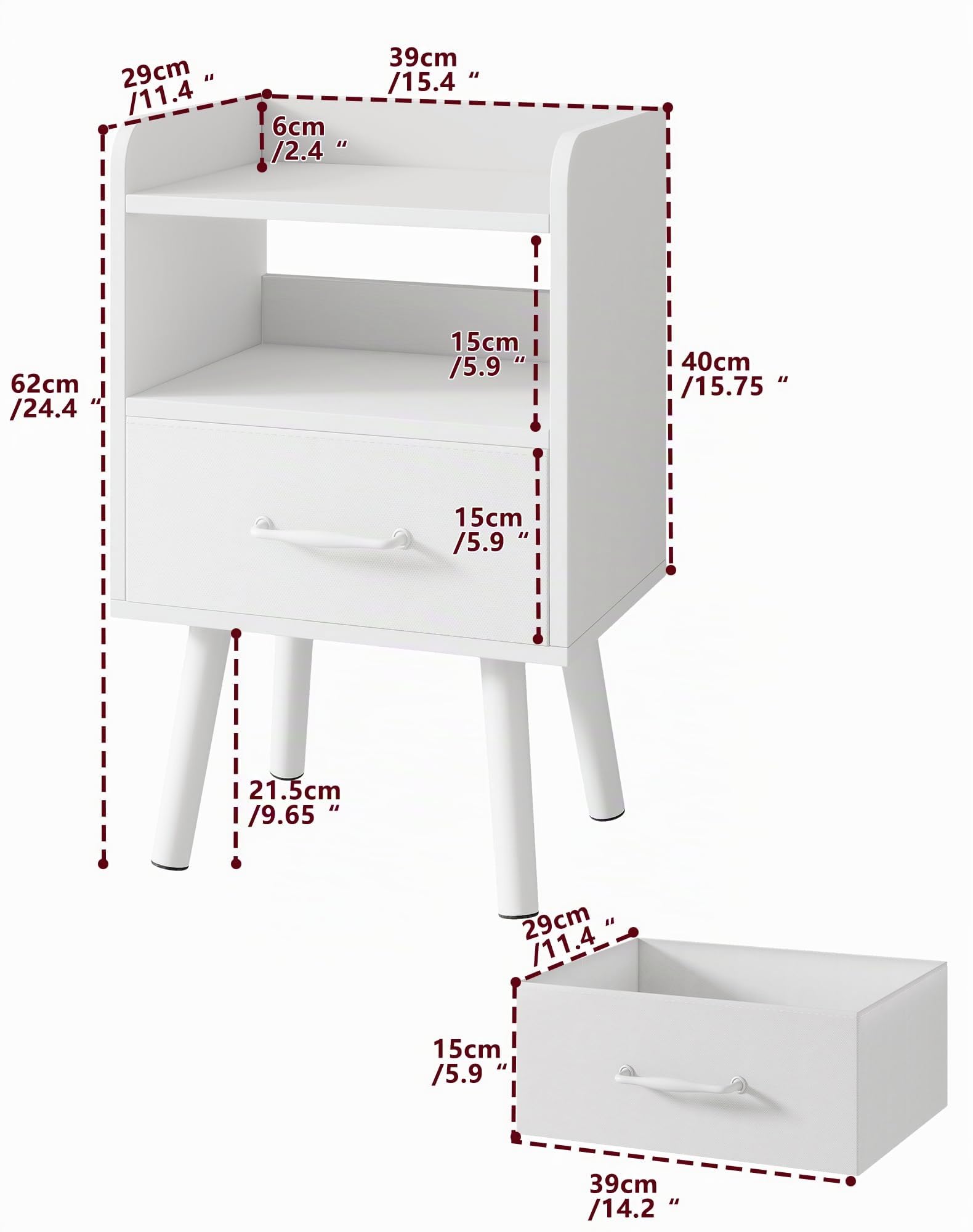 YMYNY Set di 2 Comodini, Tavolini da Salotto, Tavolini in Legno, Cassetti con Tessuto Rimovibile, Ripiano Aperto, 39x29x62 cm, per Camera da Letto, Soggiorno, Bianco HST021W-2