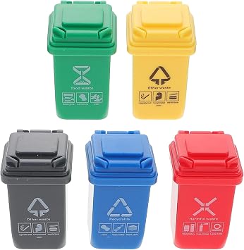 Kisangel Mini Trash can Model 5Pcs Doll House Garbage can Set Miniature Scene Decor for Dollhouse Accessories DIY Display Home Teaching and Photography Props