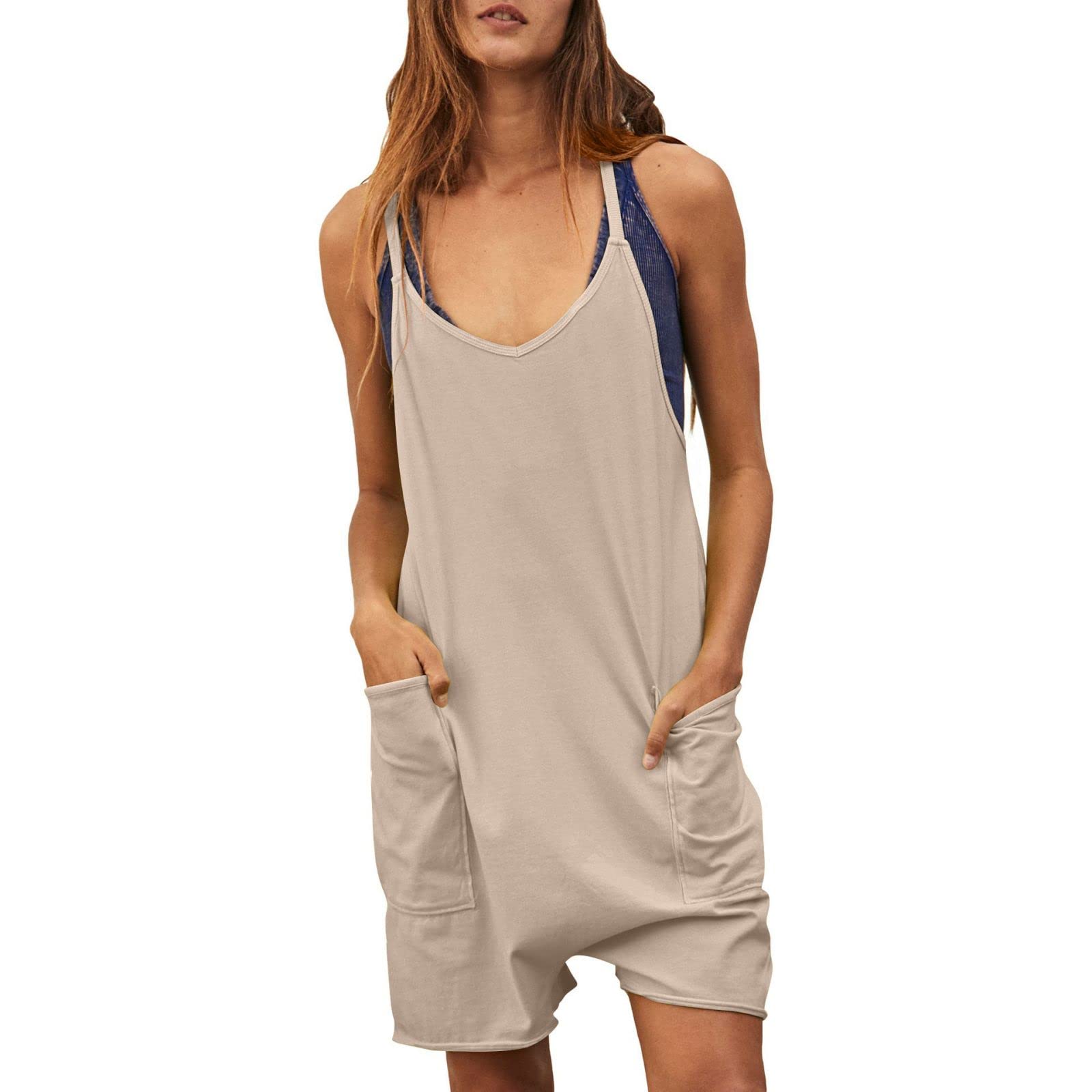 Women's Romper Jumpsuit Sleeveless Spaghetti Strap Shorts Loose Fit Casual Summer Overalls with Pockets
