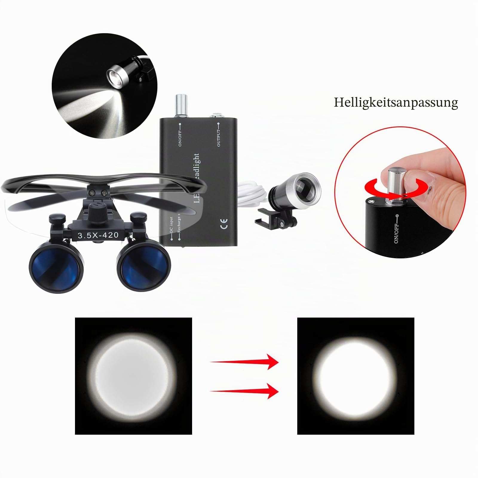 3.5x420mm Zahnarzt Lupenbrille Kopflupe LED Headlampe Dental Loupes (Schwarz)