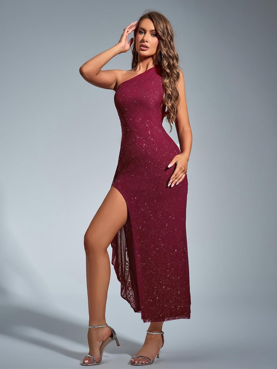 Parthea Women's Elegant One Shoulder Long Formal Sparkly Dresses Sequin High Split Evening Wedding Guest Party Maxi Dress - Image 4